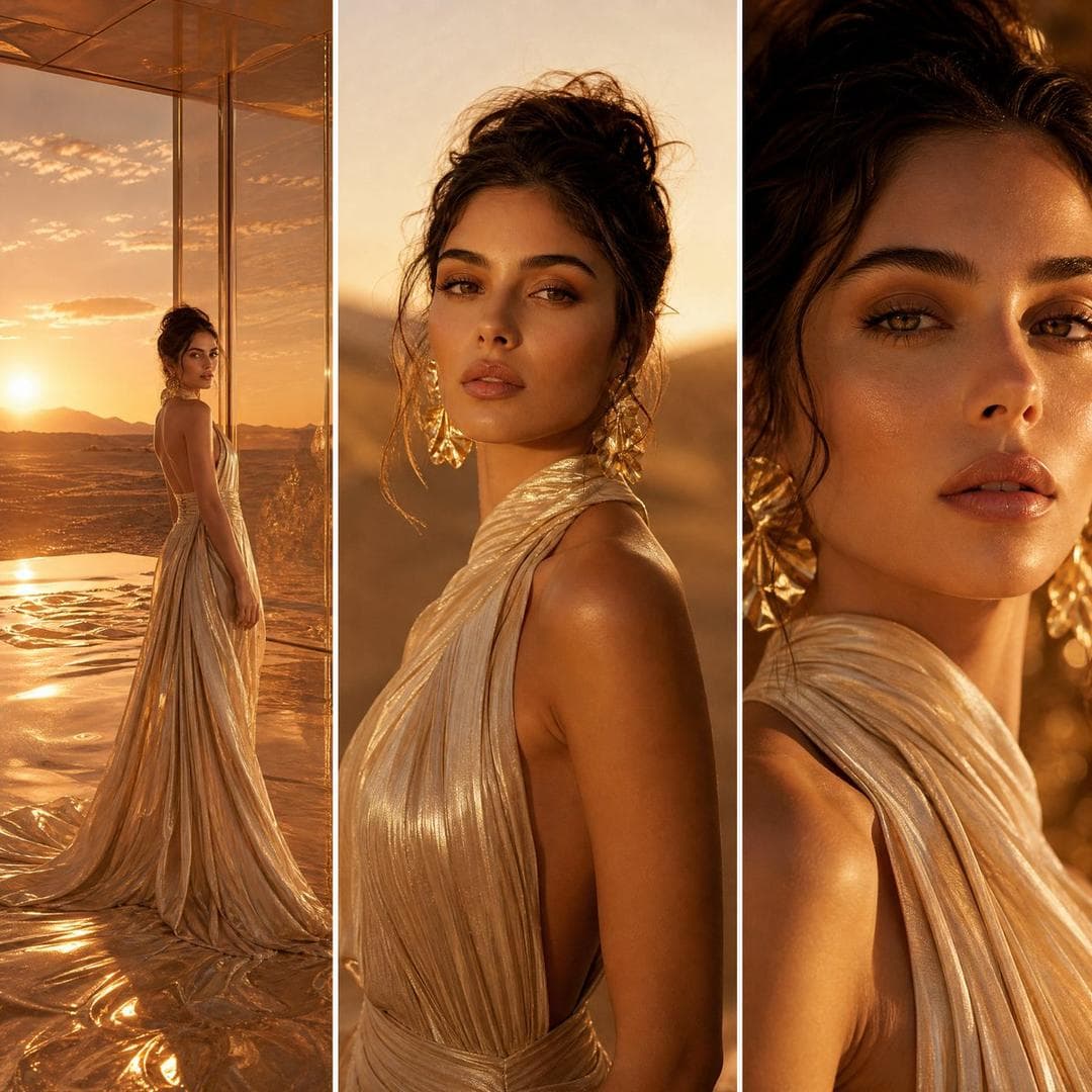 A three-panel high-fashion editorial spread set in a glowing sunset desert-glass luxury studio, with warm amber light, reflective molten-sand surfaces, and a cinematic golden atmosphere. The visual flow moves from scale → identity → emotion. Left Panel (Wide Establishing Shot) A vast desert-glass luxury environment stretches into a glowing horizon, resembling a fusion of molten sand and reflective amber glass. The woman appears in full-body view, slightly off-center, emphasizing scale and isolation within the grand space. She wears a flowing champagne-gold couture gown with fluid draping and metallic sheen, its long train spreading naturally across the reflective surface. Golden-hour sunlight floods the scene, casting elongated soft shadows and creating a dreamy cinematic warmth. This panel establishes environment, scale, and mood. Center Panel (Hero Editorial Shot – Face Clearly Visible) A clean, perfectly framed mid-close editorial portrait where the woman’s face is the primary focal point. Her expression is calm, confident, and slightly introspective, with soft golden light sculpting her features naturally. The camera captures her from upper torso to just above the head, ensuring clear visibility of eyes, makeup, and facial emotion. The champagne-gold couture gown is still visible at the shoulders and neckline, but secondary to her identity. Warm amber highlights wrap around her face, while the background…