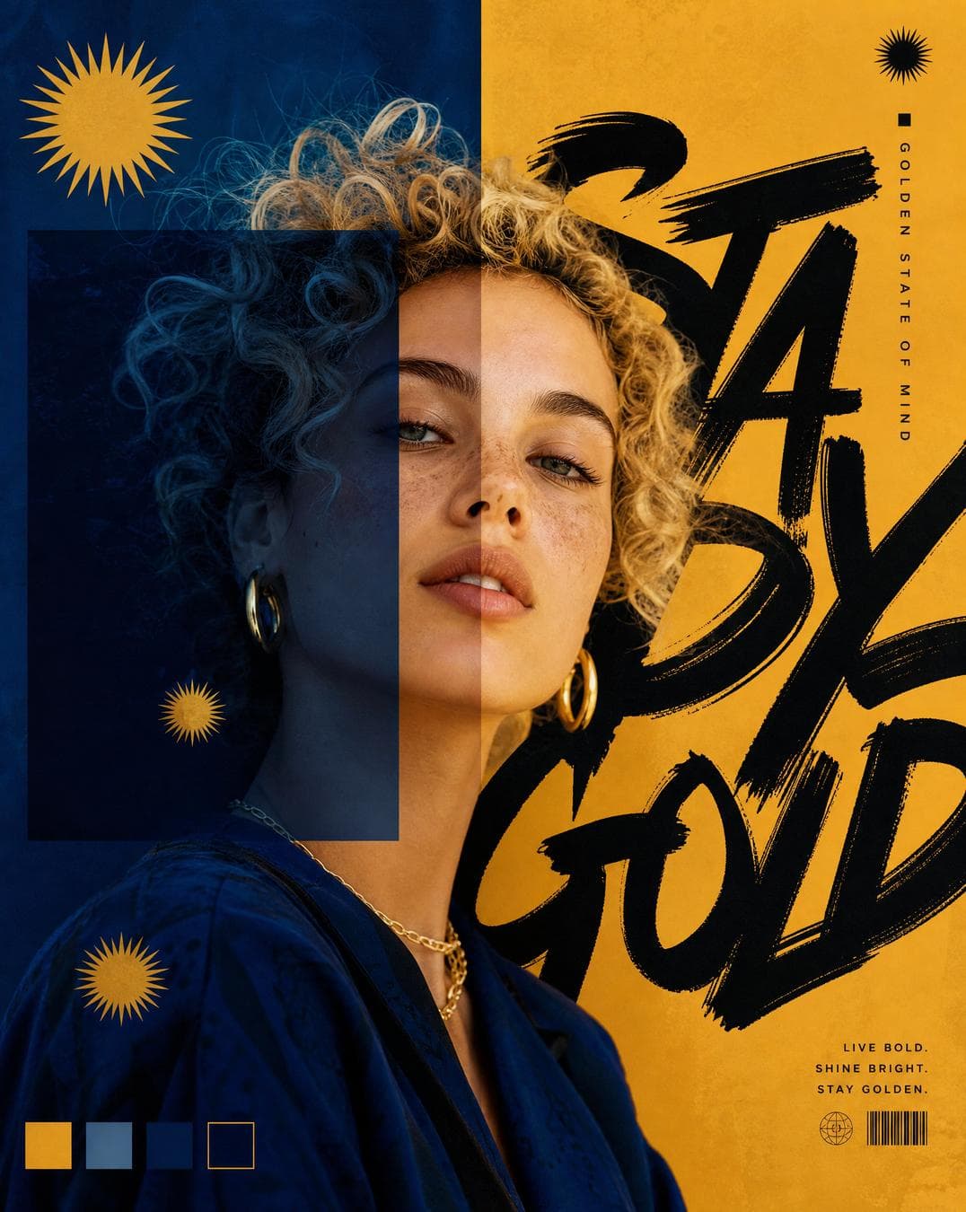 Azure & Gold Editorial portrait of a young woman with curly blonde hair, split composition with deep navy blue geometric square overlay on left half, golden yellow background panel on right, bold black graffiti-style brush text…