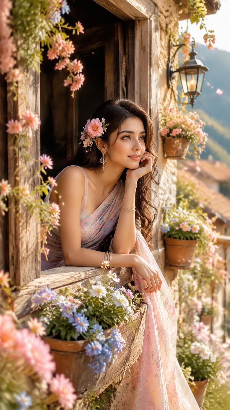 A beautiful young South Asian woman leaning on a rustic wooden window of a vintage stone cottage, wearing a soft pastel floral saree in pink and light mint colors. Elegant flower accessories in her dark wavy hair, delicate earrings, natural beauty, dreamy expression, looking outside thoughtfully. The window is surrounded by blooming pink, white, and blue flowers, hanging vines, flower pots overflowing with blossoms, flower petals floating gently in the air. Warm golden sunlight, soft shadows, romantic spring atmosphere, countryside cottage aesthetic. Highly detailed floral environment, ultra-detailed face, soft glowing skin, realistic eyes, natural makeup, cinematic lighting, dreamy mood, magical garden…