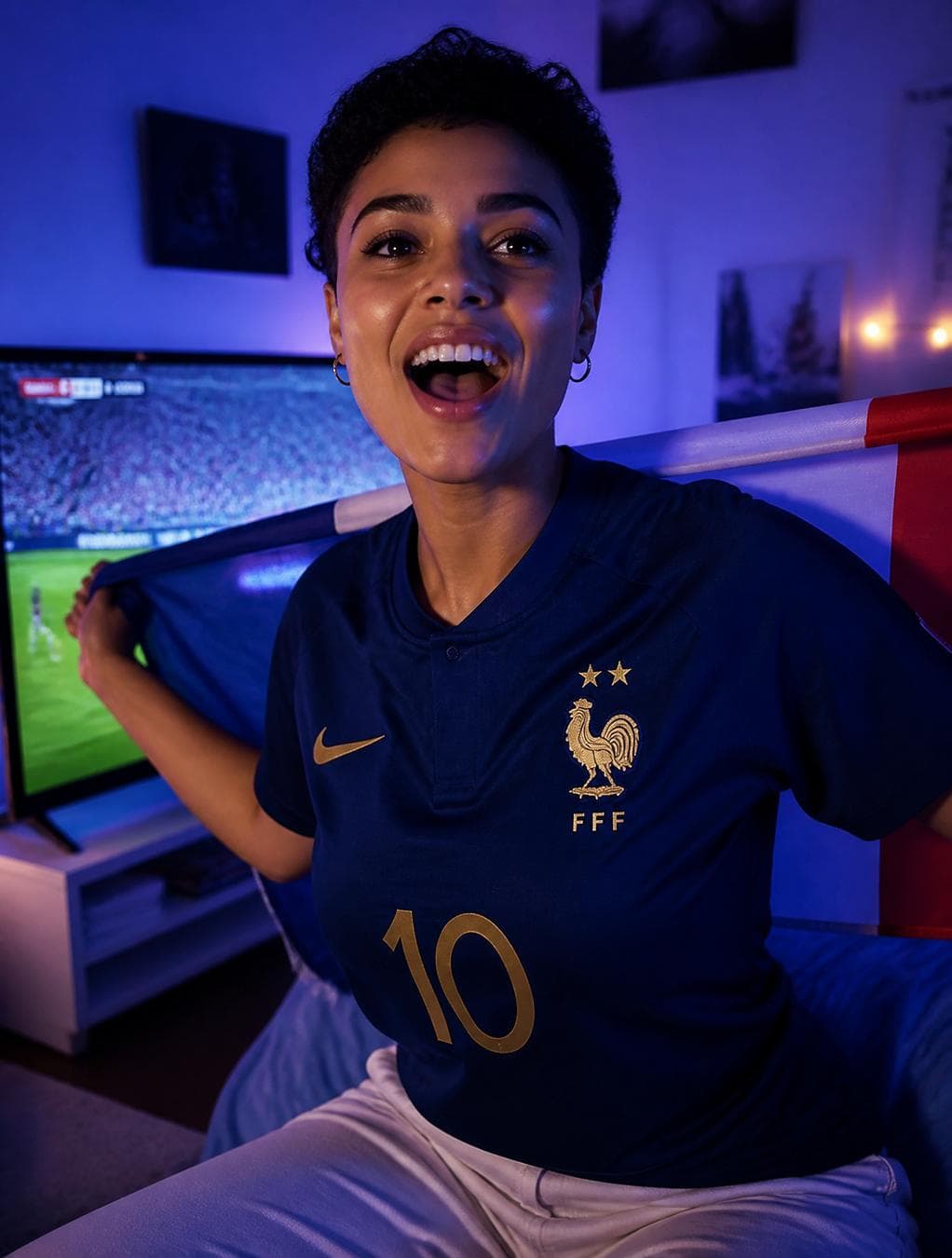 A stylish young French woman with short natural hair, wearing blue France football jersey with gold stars, excited expression, tricolor scarf in hand, modern bedroom with fairy lights, TV…