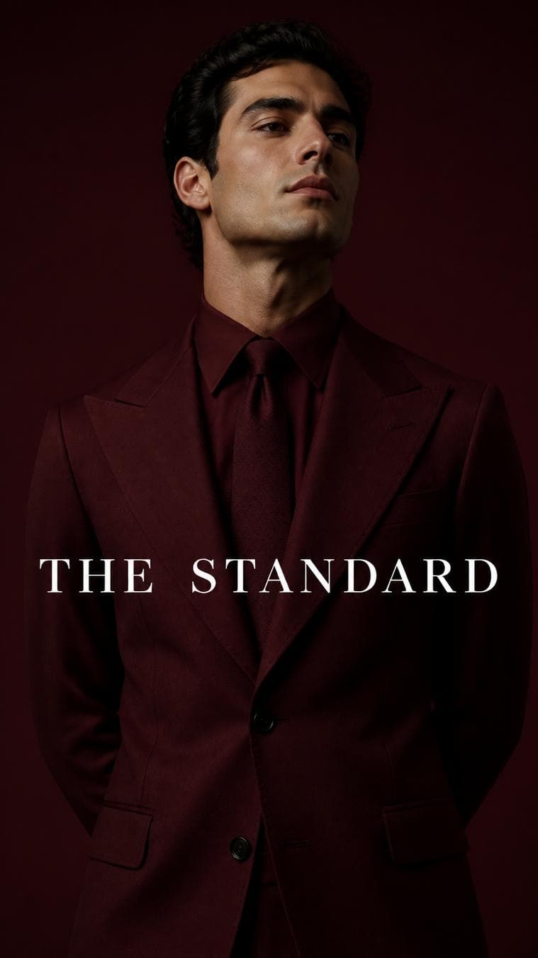 Luxury editorial portrait. Main Subject: Male model in deep burgundy suit. Pose: Hands clasped behind back. Camera: Close-up chest framing with dramatic perspective…