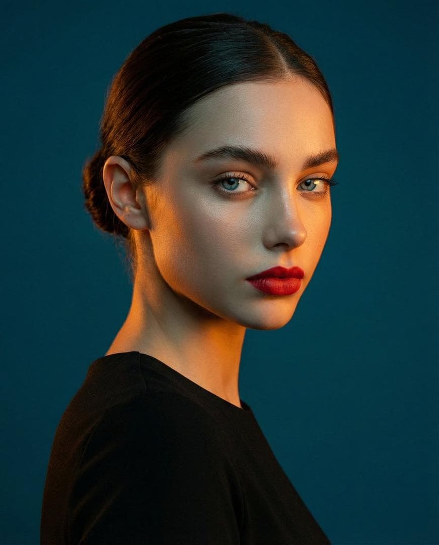 A studio portrait, medium shot of a woman. High-contrast lighting: warm orange-golden light on her face and shoulder, contrasted with a deep teal-blue background. She has dark hair tied in a bun…