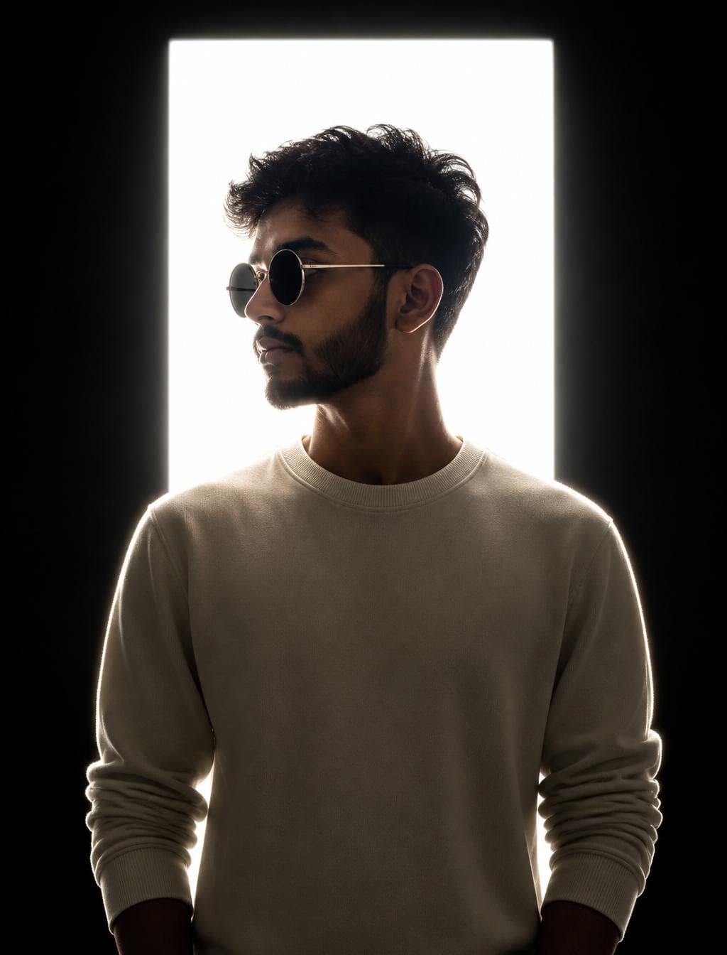 A dramatic, high-contrast studio portrait of my given image with messy dark hair and a neatly groomed full beard and mustache, captured from the waist up. The man stands centered in the frame with his body facing slightly forward. His head is turned sharply to the left in a strict side profile. He wears dark, perfectly round sunglasses with thin silver metallic wire frame arms that catch the light. He is dressed in a minimalist, solid cream or light beige long-sleeved crewneck sweatshirt with distinct ribbed detailing on the collar and cuffs. The portrait features an intense, high-contrast backlighting setup. Directly behind the subject's head and torso is a large, glowing vertical rectangular white studio panel light source. This intense backlight creates a sharp, brilliant white rim-light outline…