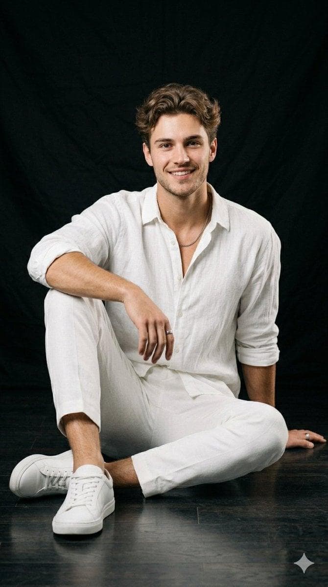 A professional studio portrait collection featuring a handsome young man with styled wavy brown hair, a light beard, and a confident demeanor. He is wearing a relaxed-fit, long-sleeved white linen button-down shirt with the top buttons casually undone, paired with matching white linen trousers and clean white minimalist leather sneakers. The setting is a photography studio with a solid black backdrop and a dark concrete floor. In several of the variations, a vintage large-format camera on a wooden tripod, antique lens cases, and rustic wooden crates are used as background props. The collection showcases a variety of poses, including the man sitting cross-legged directly on the floor with a warm smile, sitting…