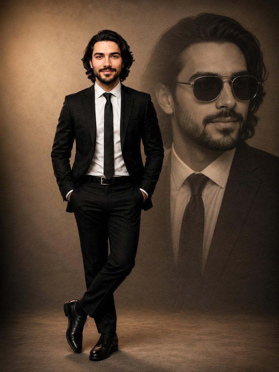 Portrait of a confident young man in a perfectly tailored black suit, white dress shirt and slim black tie, standing with hands casually in pockets and one leg crossed, polished black leather oxfords, neat belt; clean-cut haircut and neatly trimmed beard, warm medium skin tone, calm serious expression, natural skin rendering and subtle grooming. Studio setting with a smooth warm beige backdrop that features a large soft-focus monochrome portrait of the same man wearing dark sunglasses blended into the background like a double exposure. Soft cinematic key light from upper-left, gentle rim light to separate…
