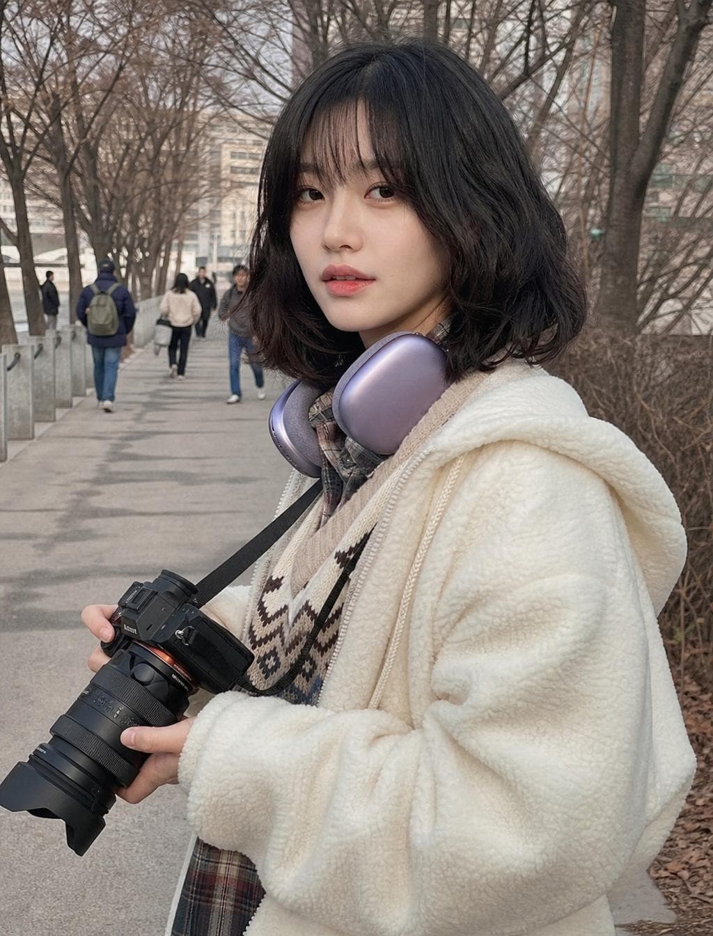 Main PromptUse my uploaded image only as a FACE REFERENCE. Preserve facial structure, skin tone, eye shape, nose, lips, jawline, and identity exactly. Do not alter or beautify facial features.A candid outdoor street-photography portrait of a young woman standing on a concrete pathway surrounded by leafless winter trees, captured from a slightly elevated selfie perspective. She is holding a professional mirrorless camera with a large zoom lens in both hands, camera strap hanging naturally across her body. Around her neck are metallic lavender-purple over-ear headphones. She wears an oversized fluffy ivory-white fleece jacket layered over a beige knitted sweater vest with subtle geometric patterns and a plaid shirt underneath.Medium-close portrait composition, upper body visible, body turned slightly away from camera while head turns back toward the viewer, direct eye contact, soft neutral expression, relaxed lips, gentle gaze. Shoulder-length messy black bob haircut with wispy curtain bangs partially covering the forehead, natural volume and texture.Background features an urban park walkway with bare tree branches, muted winter scenery, distant pedestrians softly blurred, shallow depth of field, natural environmental storytelling. Soft overcast daylight, diffused lighting, subtle shadows, realistic skin texture, muted neutral color palette, cozy Korean street-fashion aesthetic, authentic candid photography vibe.Shot on a 50mm lens, f/2.0 aperture, shallow depth of field, creamy bokeh, professional DSLR photography, ultra-detailed, realistic fabric textures, natural lighting, high dynamic range, cinematic color grading, soft contrast, desaturated winter tones, premium editorial photography, highly detailed, photorealistic, 8k quality.Negative Promptlow quality, blurry, out of focus, extra fingers, missing fingers, deformed hands, bad anatomy, bad proportions, duplicate camera…