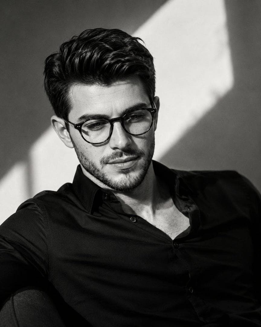 Ultra-realistic cinematic black-and-white editorial portrait, young man with thick wavy textured hair, wearing a slightly unbuttoned black dress shirt, seated in a relaxed pose, head tilted downward while looking past the camera, defined jawline, soft natural skin texture, moody expression, minimalist studio backdrop with a dramatic diagonal beam of sunlight across the wall, high-contrast Rembrandt lighting, deep noir shadows, subtle film grain, luxury fashion campaign aesthetic, photographed on a…