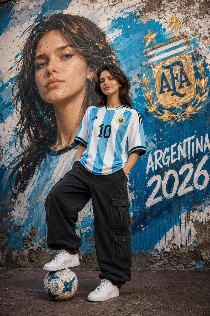 A confident young woman standing with one foot on a soccer ball, wearing an Argentina national football jersey with number 10, oversized black cargo pants, and white sneakers. She poses casually with hands in pockets in front of a large urban street-art mural featuring a giant portrait of herself. The background is painted in Argentina's sky-blue and white colors with the AFA crest, graffiti textures, paint splashes, weathered concrete wall, and bold text reading "ARGENTINA 2026". Cinematic sports-poster aesthetic, photorealistic, ultra-detailed face…