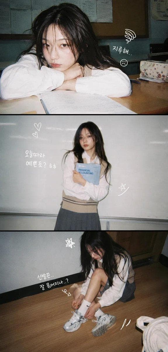 A vertical 3-panel college photo strip. The subject is a girl with long hair in a beige knit vest. Panel 1(top): close up of her resting chin on the school desk, looking bored. Panel 2(middle): her standing against a white class wall, holding a book, slightly motion blur. Panel 3(Bottom): sitting on the wooden floor, trying shoelace…