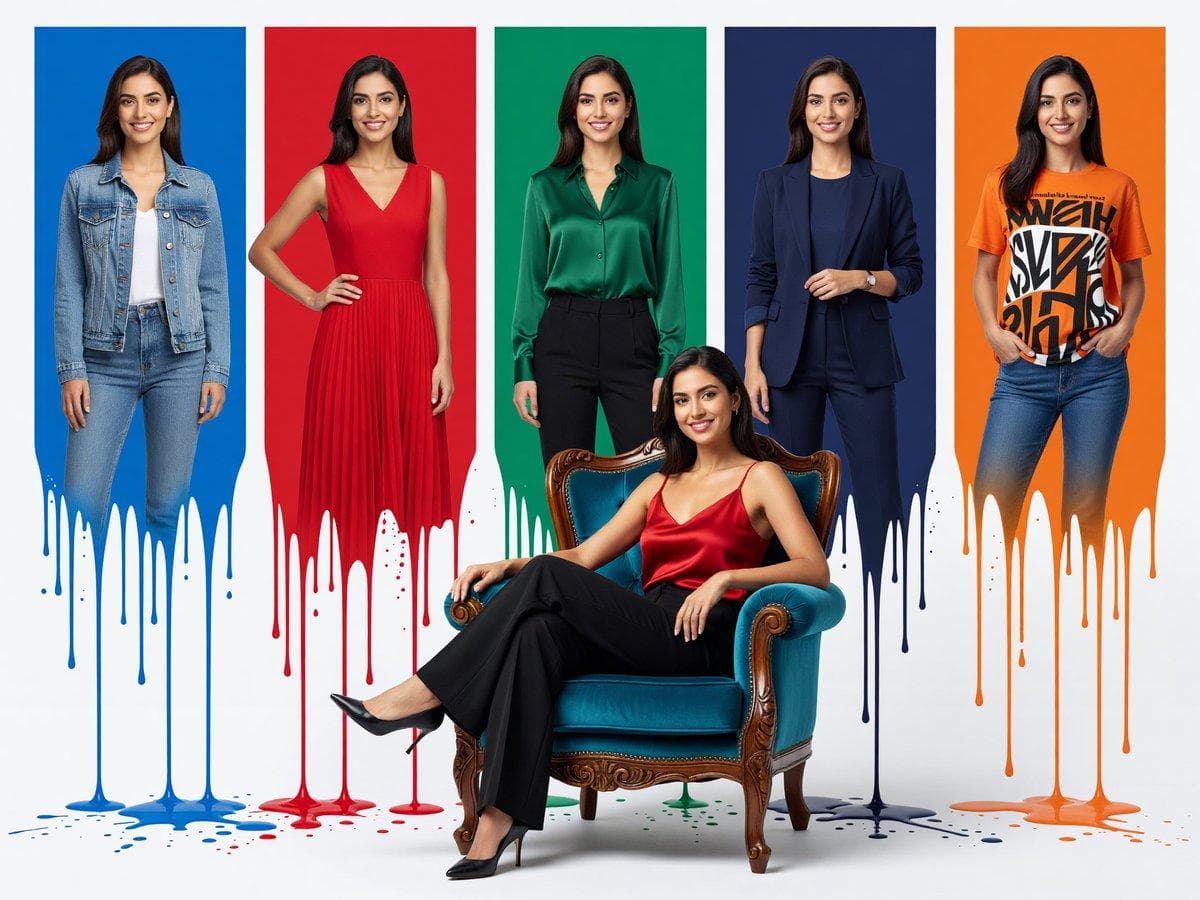 CONCEPT — EXACT: A vertical poster composite — five tall color-block panels in a row across the top, each holding a standing portrait of the same woman in a different outfit matching that panel's color, with the bottom of each panel melting into dripping paint splashes in the same color over a clean white background, and below them a larger seated portrait of her on an ornate teal armchair. PANEL COLORS (left to right): bright blue, red, green, navy, orange — each panel a solid flat color with the woman cropped from the head to mid-thigh, and the panel's lower edge dissolving into a paint splash with long vertical drips running down onto the white background. PANEL 1 (blue): Standing straight, arms relaxed at her sides, soft calm smile, light-wash denim jacket over a white top, jeans. PANEL 2 (red): Standing with one hand on the hip, soft calm smile, red sleeveless V-neck pleated midi dress. PANEL 3 (green): Standing straight, arms relaxed, soft calm smile, emerald-green satin button-up blouse tucked into black bottoms. PANEL 4 (navy): Standing straight, one hand resting lightly near the waist, soft calm smile, tailored navy blazer with a matching navy top and trousers, slim wristwatch. PANEL 5 (orange): Standing straight, hands near the pockets, soft calm smile, casual short-sleeve graphic tee with bold abstract street-style lettering (no readable brand text) over blue jeans. SEATED PORTRAIT — EXACT: Seated on an ornate Rococo-style teal velvet armchair with carved scrolled wooden frame, legs crossed elegantly, one arm resting along the armrest, other hand resting near the knee, torso slightly turned, head tilted with a confident warm closed-mouth smile toward camera. MAIN SUBJECT IDENTITY LOCK: All six instances of the face (five panels + seated portrait) must match the reference photo exactly — same jaw width, cheek fullness, eyebrow shape, eye shape and color, nose bridge, lip shape, and hair as in the reference. Identical face in every instance with zero drift. BODY: Slim build, poised confident posture in every instance. OUTFIT (seated portrait): Deep red satin spaghetti-strap cami top, black high-waisted wide-leg trousers, black pointed-toe heels. BACKGROUND — EXACT: Pure clean white studio background below the color-block panels, soft grounded shadow beneath the armchair, paint splashes and drips in blue, red, green, navy, and orange spreading down from the bottom edge of each color panel. LIGHTING — EXACT: Soft even bright studio lighting on all six instances, gentle natural shadow definition, clean…