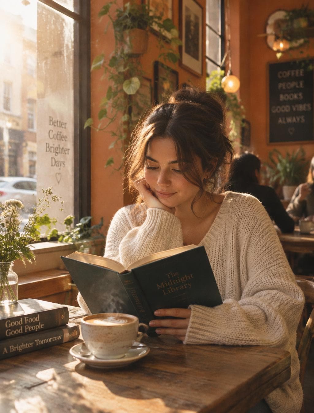 Warm cozy lifestyle photograph of a @ woman with soft natural makeup reading a hardcover book in a sunlit corner café, wearing an oversized knitted cream sweater. Steam gently rising from a ceramic cappuccino cup on a rustic wooden table. Terracotta-toned walls, hanging plants, golden morning light streaming through a large window casting soft lens flare. Candid unposed…