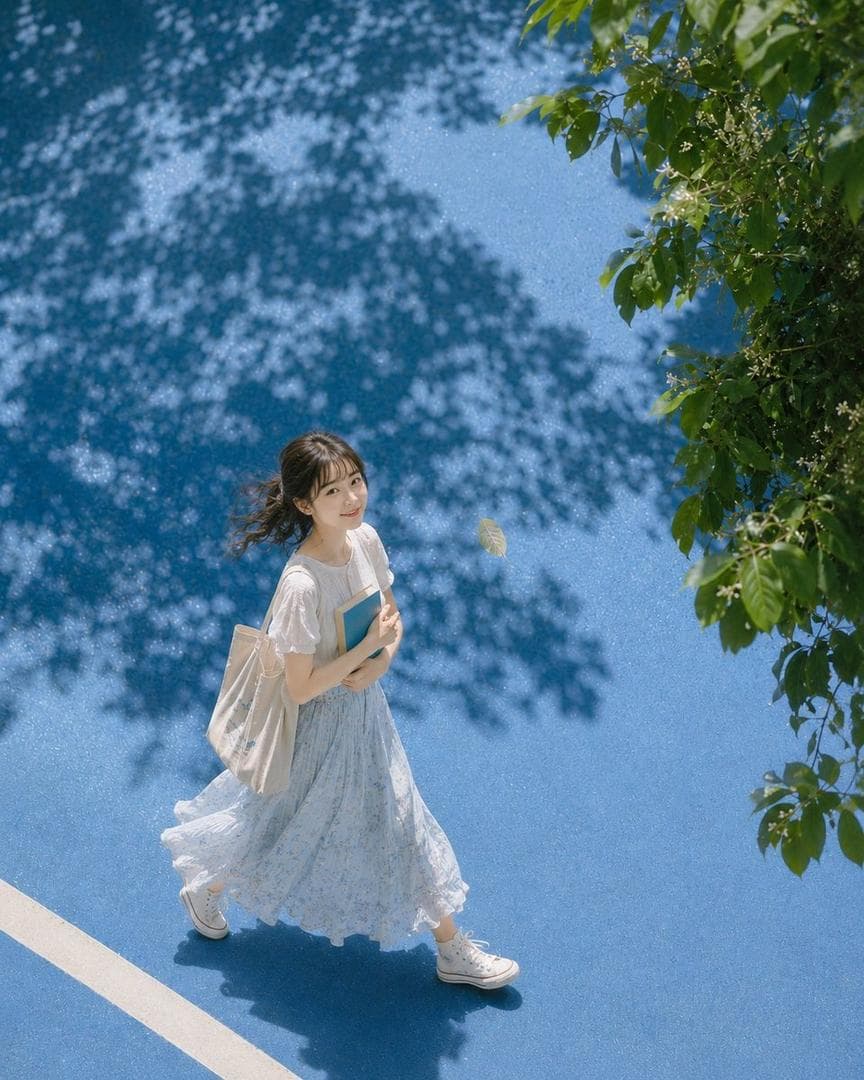 主題: 青に落ちる葉影 主体: 縦長4:5の写真。明るいブルーの舗道を大きく写し、画面下寄り中央に自然で可愛らしい雰囲気の成人女性が歩いている。人物は全身が入り、画面全体の約35%ほど。右上から右端にかけて濃い緑の木の枝葉が入り、舗道には大きな木漏れ日の影が広がる。人物の少し右上に、一枚の薄い葉が風で浮いている。 人物・表情: 黒髪のミディアムヘアを低めにまとめ、薄めの前髪と顔まわりの後れ毛が風で軽く流れている。肌は自然な明るさで、頬にほんのり血色感がある。目元はやさしく、ナチュラルな日系メイク。顔は上へ向け、カメラを見上げるように小さく微笑んでいる。表情は作り込みすぎず、夏の散歩中にふと気づいたような自然な可愛さ。 服装・ポーズ: 白い半袖のパフスリーブブラウスに、淡い水色の小花柄ロングスカート。スカートは軽い素材で、歩く動きに合わせて裾がふわりと広がっている。足元は白いハイカットスニーカー。左肩には生成りのキャンバストートを掛け、両手で胸元に青い本を抱えている。右足を前に出して歩く瞬間で、影が足元の左下へ落ちる。 背景・光: 真夏の屋外、鮮やかなブルーの舗装路。右側には艶のある緑の葉と小さな白い花をつけた枝が重なり、背景の大部分は青い地面と葉影だけで構成される。太陽は画面左上の高い位置から強く差し、人物の肩、髪、ブラウス、スカート上部に明るいハイライトが入る。木の影は濃淡があり、地面の凹凸に沿って少し滲む。 構図・カメラ:…