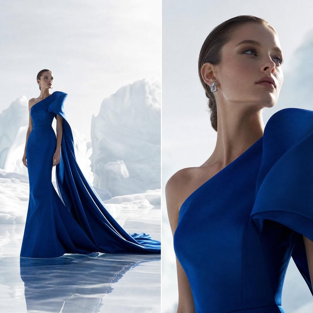 Two-panel fashion editorial split with contrasting camera perspectives left panel wide-angle full-body shot, right panel tight cinematic close-up. Frozen arctic-white luxury studio with reflective ice-like floor. Elegant woman in structured royal-blue couture gown with sculptural silhouette and asymmetric shoulders. Flowing train interacting with mirrored…
