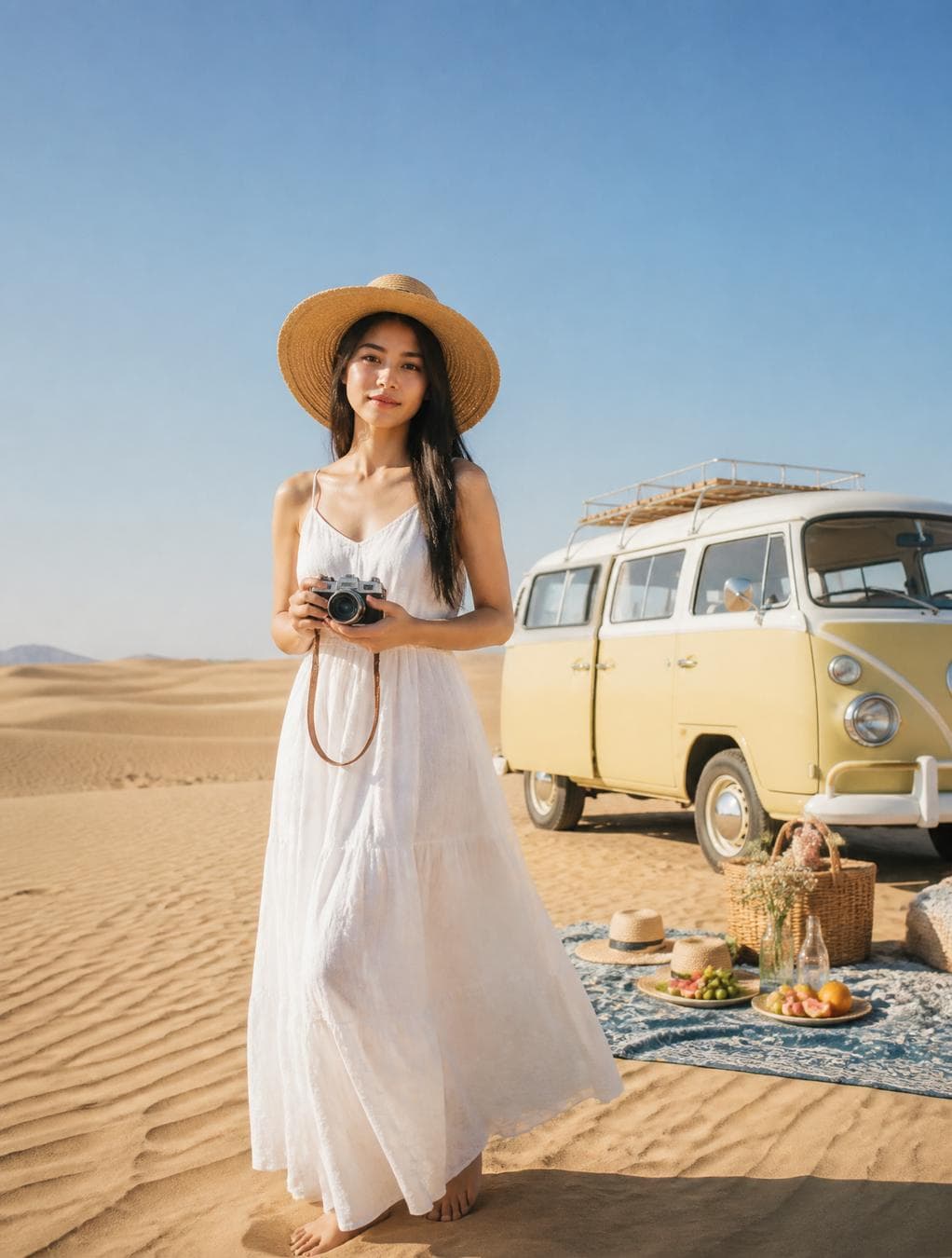 A wide shot of a woman in an airy white linen maxi dress and a wide-brimmed straw hat, standing in a vast, sun-drenched desert. She holds a vintage camera, smiling softly. Behind her, a classic light yellowcamper van is parked next to a picnic spread…