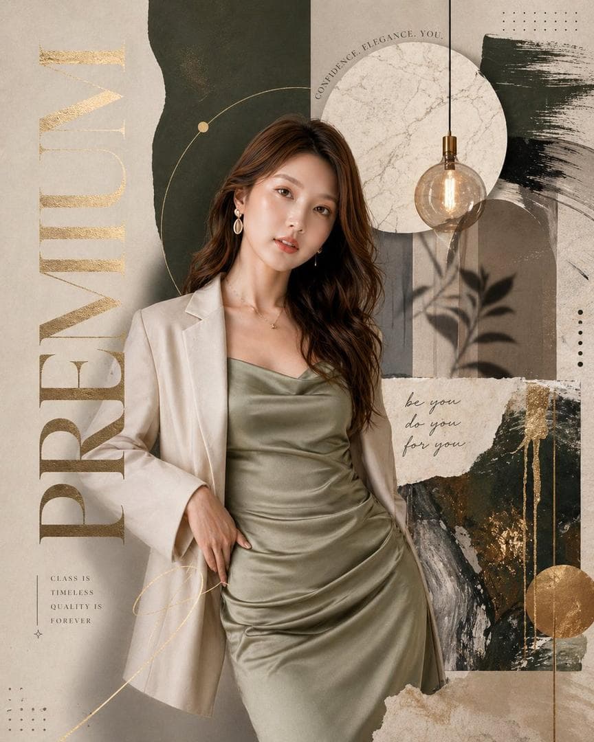Luxury fashion editorial poster, premium magazine collage style, earthy neutral color palette (beige, olive green, charcoal, soft gold accents). A confident elegant young East Asian woman standing in a relaxed pose, wearing a satin olive slip dress with soft draping and a beige oversized blazer. Natural makeup, glowing skin, soft wavy brown hair, minimal gold jewelry (earrings + delicate necklace). Background: abstract artistic collage with layered textures — torn paper, marble circle, brush strokes, botanical leaf prints, subtle grid pattern, ink textures, and geometric shapes. Add a warm hanging bulb light with soft glow and shadow of leaves for depth. Typography: large vertical serif text “PREMIUM” on the left in metallic gold texture, high-end editorial font. Small elegant text elements like: “confidence. elegance. you.” “be you do you for you” “class…