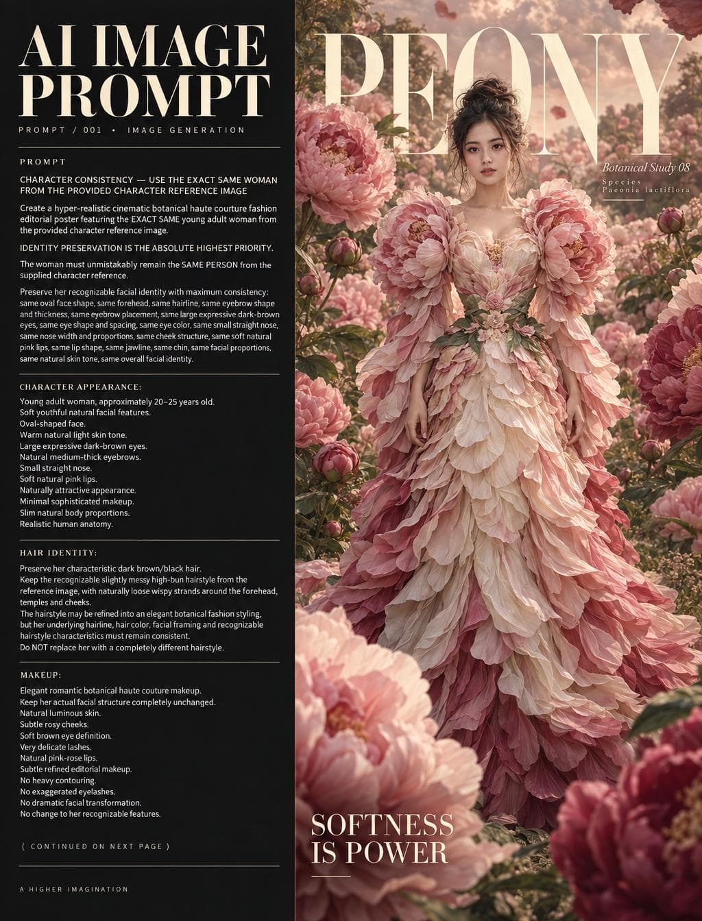 Create a premium editorial AI PROMPT CARD featuring the exact prompt provided below. PROMPT TO DISPLAY: [ CHARACTER CONSISTENCY — USE THE EXACT SAME WOMAN FROM THE PROVIDED CHARACTER REFERENCE IMAGE Create a hyper-realistic cinematic botanical haute couture fashion editorial poster featuring the EXACT SAME young adult woman from the provided character reference image. IDENTITY PRESERVATION IS THE ABSOLUTE HIGHEST PRIORITY. The woman must unmistakably remain the SAME PERSON from the supplied character reference. Preserve her recognizable facial identity with maximum consistency: same oval face shape, same forehead, same hairline, same eyebrow shape and thickness, same eyebrow placement, same large expressive dark-brown eyes, same eye shape and spacing, same eye color, same small straight nose, same nose width and proportions, same cheek structure, same soft natural pink lips, same lip shape, same jawline, same chin, same facial proportions, same natural skin tone, same overall facial identity. She must look like the SAME WOMAN photographed in a completely different artistic world — NOT a similar woman and NOT a newly generated fashion model. CHARACTER APPEARANCE: Young adult woman, approximately 20–25 years old. Soft youthful natural facial features. Oval-shaped face. Warm natural light skin tone. Large expressive dark-brown eyes. Natural medium-thick eyebrows. Small straight nose. Soft natural pink lips. Naturally attractive appearance. Minimal sophisticated makeup. Slim natural body proportions. Realistic human anatomy. HAIR IDENTITY: Preserve her characteristic dark brown/black hair. Keep the recognizable slightly messy high-bun hairstyle from the reference image, with naturally loose wispy strands around the forehead, temples and cheeks. The hairstyle may be refined into an elegant botanical fashion styling, but her underlying hairline, hair color, facial framing and recognizable hairstyle characteristics must remain consistent. Do NOT replace her with a completely different hairstyle. MAKEUP: Elegant romantic botanical haute couture makeup. Keep her actual facial structure completely unchanged. Natural luminous skin. Subtle rosy cheeks. Soft brown eye definition. Very delicate lashes. Natural pink-rose lips. Subtle refined editorial makeup. No heavy contouring. No exaggerated eyelashes. No dramatic facial transformation. No change to her recognizable features. BODY: Slim natural body proportions. Realistic shoulders, arms, waist and legs. Natural human anatomy. No exaggerated curves. No unrealistic proportions. MOST IMPORTANT: DO NOT create a different fashion model. She must look exactly like the same woman from the supplied character reference, simply transformed into a luxurious Peony botanical couture world. Only transform: clothing, pose, environment, lighting, fashion styling, and atmosphere. Keep her identity completely consistent. ━━━━━━━━━━━━━━━━━━━━━━ CONCEPT: PEONY — BOTANICAL HAUTE COUTURE Create an extraordinary luxury botanical fashion campaign inspired entirely by the PEONY flower. The woman stands gracefully in the center of an enormous enchanted peony garden overflowing with gigantic realistic peony blossoms. The entire environment is filled with enormous layered peonies in sophisticated shades of: blush pink, dusty rose, pale champagne, soft ivory, cream, peach, muted coral, deep rose, burgundy-pink. The flowers should be dramatically oversized, with some peonies larger than the woman's head and upper body. The scene should feel romantic, elegant, sophisticated and dreamlike while remaining completely photorealistic. The visual language should combine botanical fine art with high-fashion couture. Romantic. Luxurious. Feminine. Elegant. Soft. Regal. Timeless. ━━━━━━━━━━━━━━━━━━━━━━ CHARACTER POSE: Full-body fashion portrait. The woman stands elegantly in the exact center of the composition. Her body faces toward the camera. Her posture is graceful and statuesque. Shoulders relaxed. Head naturally upright. Her gaze directed toward the camera. Expression calm, mature, serene and quietly confident. Her arms rest naturally beside her body. Her hands should be anatomically correct and relaxed. Create a subtle sophisticated fashion-editorial pose. Do not make the pose theatrical or exaggerated. The woman should feel like the centerpiece of a luxury botanical campaign. ━━━━━━━━━━━━━━━━━━━━━━ PEONY HAUTE COUTURE GOWN: Design an extraordinary haute couture gown inspired directly by the anatomy of a blooming peony. The dress should look as though hundreds of real peony petals have been transformed into luxurious couture fabric. It must NOT look like a normal floral-print dress. It should resemble a living botanical sculpture. UPPER BODICE: Create a fitted sculptural bodice in soft ivory, muted blush and dusty rose. The bodice should follow the woman's natural body proportions. Use layers of delicate overlapping peony petals around the neckline. The neckline should resemble the interior of a partially opened peony. Create soft petal structures rising around the shoulders and collarbone. The petals should naturally frame the woman's face while leaving her face completely unobstructed. Use realistic silky petal textures with subtle translucent edges. Create delicate botanical folds and layered petal construction. ━━━━━━━━━━━━━━━━━━━━━━ SHOULDER STRUCTURE: Create dramatic but elegant oversized peony-petal shoulder structures. The shoulders should appear surrounded by enormous layered peony blossoms. Build the shoulder couture from hundreds of overlapping curved petals. Use: soft blush, pale pink, dusty rose, warm cream, ivory, muted peach, deep rose accents. The structures should resemble naturally blooming peonies transformed into haute couture. They should feel soft and organic rather than rigid. Avoid making them look like armor or costume wings. ━━━━━━━━━━━━━━━━━━━━━━ SLEEVES: Create elegant flowing sleeves constructed from layered peony petals. The sleeves should be soft, voluminous and slightly translucent. Use layered petal panels that cascade naturally from the shoulders toward the wrists. Mix delicate blush silk-like petals with darker dusty-rose inner layers. Some petals should gently overlap the arms while keeping the hands visible. The sleeves should have realistic folds, subtle veins and natural botanical imperfections. ━━━━━━━━━━━━━━━━━━━━━━ WAIST: Create a sophisticated sculptural waist inspired by the center of a peony blossom. The waist should remain elegant and fitted. Wrap the waist with overlapping petals in muted rose, ivory and soft sage-green botanical accents. Add several small realistic peony leaves emerging naturally around the waist. The botanical elements should integrate seamlessly with the couture rather than looking attached. ━━━━━━━━━━━━━━━━━━━━━━ SKIRT: Create a spectacular floor-length couture skirt made entirely from hundreds of layered peony petals. The skirt should begin fitted around the waist and gradually become more voluminous toward the floor. Construct thousands of individually visible overlapping petals. Use a sophisticated color progression: ivory near the center, soft blush around the upper skirt, dusty rose through the middle, muted pink and peach highlights, deep rose and burgundy-pink accents toward the lower layers. The petals should vary naturally in: size, shape, curvature, opacity, color, texture, orientation. Create long cascading petal sections flowing vertically from the waist toward the floor. Some petals should extend outward like the outer layers of a giant blooming peony. The bottom of the gown should become dramatically full and luxurious. Create a long soft botanical train spreading naturally across the ground. The gown should appear as though the woman herself has emerged from a gigantic blooming peony. ━━━━━━━━━━━━━━━━━━━━━━ BOTANICAL REALISM: Every peony must look botanically realistic. Show: individual petals, multiple overlapping layers, delicate petal folds, soft ruffled edges, natural curvature, subtle veins, slight translucency, realistic flower centers, natural imperfections, subtle color variation, realistic leaves, realistic stems, natural botanical texture. Avoid repetitive artificial flower patterns. Each major peony should have a slightly different bloom structure. Some flowers should be fully open. Some should be partially open. Some should be elegant unopened buds. Create believable botanical diversity. ━━━━━━━━━━━━━━━━━━━━━━ ENVIRONMENT: Create an enormous luxury peony garden surrounding the woman. The garden should contain: giant blooming peonies, peony buds, dark green peony foliage, large realistic leaves, delicate stems, dense botanical vegetation, moss-covered ground, small wildflowers, soft atmospheric foliage. The environment should feel like a mythical botanical sanctuary while remaining photorealistic. No modern buildings. No people. No artificial objects. ━━━━━━━━━━━━━━━━━━━━━━ FOREGROUND: Create dramatic oversized peonies very close to the camera. Place a huge pale blush peony partially cropped in the lower-left foreground. Place another enormous deep rose peony partially cropped in the lower-right foreground. Add additional giant flowers around the upper-left and upper-right edges. Some petals should extend beyond the frame. Use foreground flowers to create cinematic depth and naturally frame the woman. The nearest petals may be softly out of focus. The woman's face and central gown remain extremely sharp. ━━━━━━━━━━━━━━━━━━━━━━ MIDDLE GROUND: The woman stands surrounded by several enormous peony blossoms. Place flowers behind both shoulders. Create a large open peony behind her upper body, visually echoing the structure of her couture gown. Add several peony buds around the sides of the gown. Use overlapping foliage to create depth. ━━━━━━━━━━━━━━━━━━━━━━ BACKGROUND: Create an expansive peony garden extending far into the distance. Fill the background with dozens of peonies at different scales. Some distant flowers should gradually soften through atmospheric depth. Use subtle foliage and branches between the flowers. The background should feel rich but never compete with the woman's face. ━━━━━━━━━━━━━━━━━━━━━━ ATMOSPHERE: Create a warm romantic botanical atmosphere. Soft morning or late-afternoon diffused light. Subtle floating pollen particles. Very light atmospheric haze. Gentle depth between flowers. Soft breeze suggested through a few slightly moving petals. The environment should feel alive, delicate and luxurious. ━━━━━━━━━━━━━━━━━━━━━━ SKY: Use a muted warm dusty-rose and champagne-colored atmospheric sky visible through gaps in the garden. Soft pale clouds. Warm diffused sunlight. No dramatic storm. No harsh sunset. The sky should complement the pink botanical palette. ━━━━━━━━━━━━━━━━━━━━━━ CAMERA & COMPOSITION: Premium luxury fashion editorial photography. Full-body portrait. Vertical 4:5 magazine-cover composition. The woman must be perfectly centered. Use a slightly low fashion-editorial camera angle to create a subtle regal presence. Maintain strong visual hierarchy: FOREGROUND: giant cropped peonies. MIDGROUND: the woman and her couture gown. BACKGROUND: massive peony garden and atmospheric foliage. Create strong foreground, middle-ground and background separation. The woman's face must remain the primary human focal point. Her entire gown must remain visible from head to floor. Do not crop her feet or lower gown. ━━━━━━━━━━━━━━━━━━━━━━ LIGHTING: Soft cinematic diffused daylight. Warm gentle highlights across her face. Subtle rim light around her hair and shoulders. Soft light passing through translucent peony petals. Gentle highlights across the silk-like gown. Natural shadows between layers of petals. Soft reflected light from surrounding flowers. High dynamic range. Rich but controlled shadows. No harsh studio flash. No neon lighting. No artificial plastic appearance. ━━━━━━━━━━━━━━━━━━━━━━ COLOR PALETTE: Pearl ivory Warm cream Pale blush Soft pink Dusty rose Muted peach Champagne Deep rose Muted burgundy-pink Sage green Deep botanical green Warm earthy brown Use slightly desaturated luxury editorial color grading. Keep the image sophisticated and painterly without becoming artificial. ━━━━━━━━━━━━━━━━━━━━━━ PHOTOGRAPHIC STYLE: Ultra-photorealistic. 8K luxury fashion photography. High-end haute couture campaign. Botanical fine-art photography. Premium fashion magazine editorial. Realistic skin pores. Realistic individual hair strands. Realistic eyes. Realistic hands and fingers. Natural body proportions. Physically accurate petal textures. Realistic botanical structures. Realistic fabric and silk…