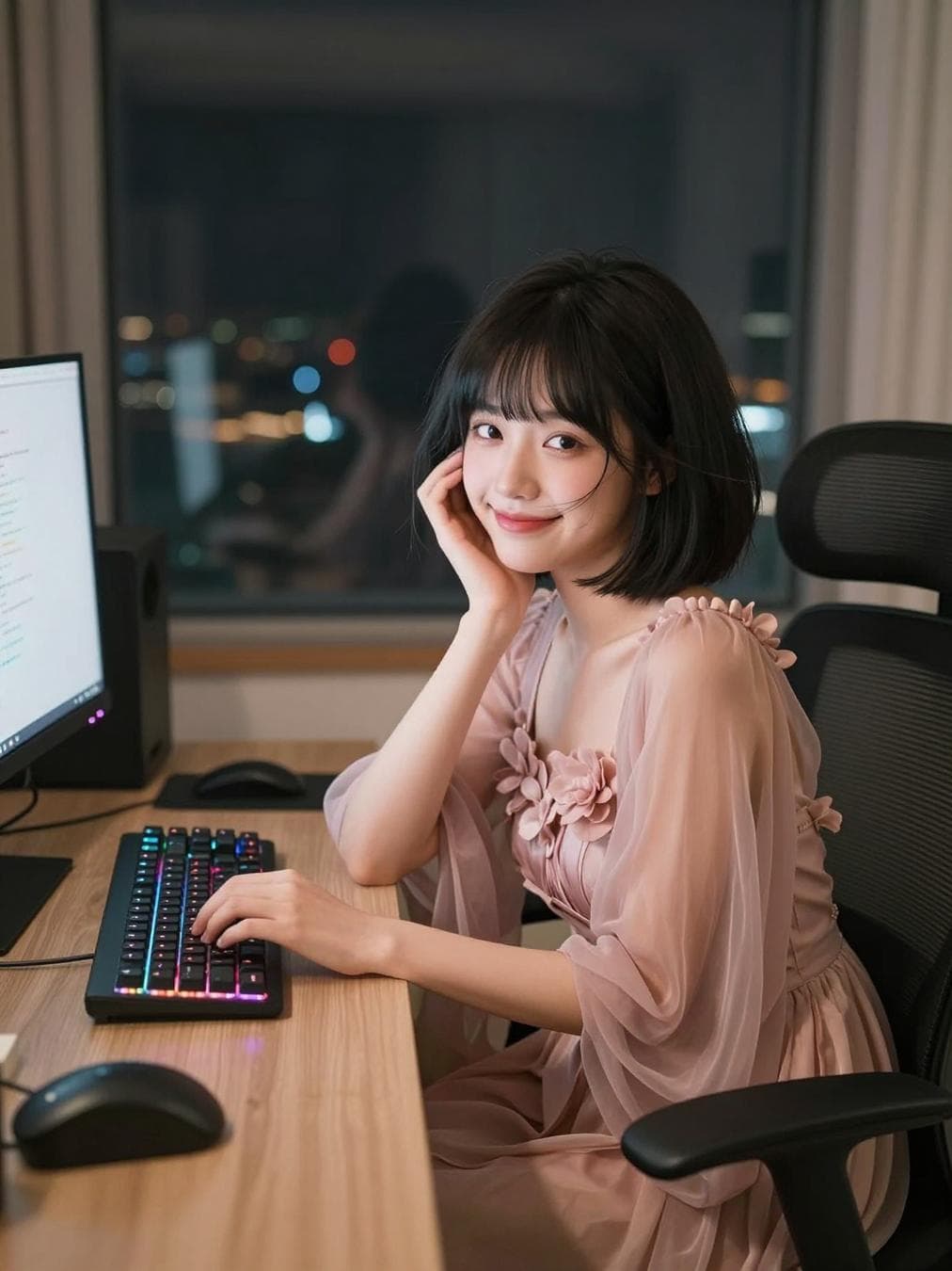 A young East Asian woman with a short black bob haircut and wispy bangs is sitting in her cozy high-rise streamer studio at night. She is wearing an elegant dusty-rose fantasy dress with floral details and soft flowing sleeves.The room is illuminated by warm desk lighting, RGB keyboard glow, and distant city lights through a large floor-to-ceiling window.At first she is focused on her monitor as if reading chat messages. After a few seconds she slowly turns her chair toward the camera. She notices the viewer, pauses briefly, then rests her chin lightly on one hand.A subtle playful smile appears. She gently tilts her head, brushes a loose strand of hair away from her face, and maintains soft eye contact with the camera.Natural breathing, realistic blinking, delicate facial micro-expressions, relaxed posture.No exaggerated gestures. No waving. No dancing. No sudden movements. No speaking.Cinematic realism, authentic human behavior, natural body motion, realistic hair physics, warm atmosphere, shallow depth of field, premium lifestyle content, 10-second shot, single continuous camera…