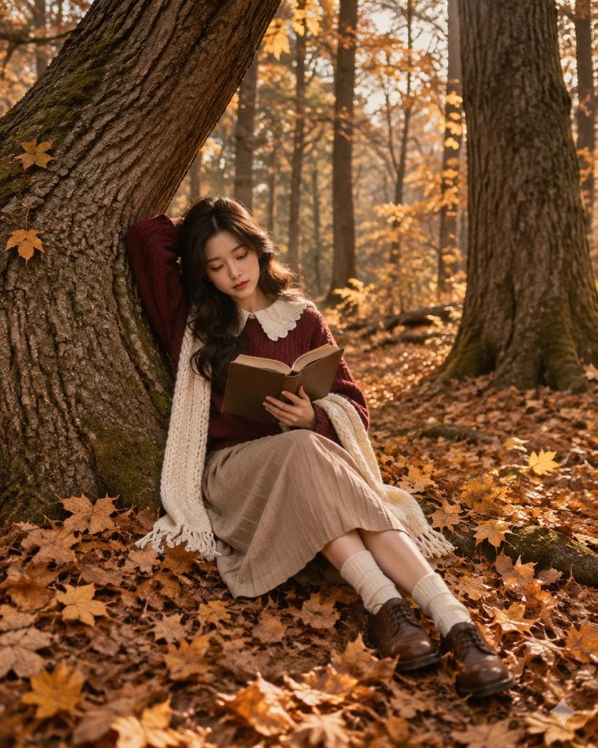 Create an ultra-realistic cinematic autumn fashion photograph matching the reference composition as closely as possible.SUBJECT:A young East Asian woman with long, naturally wavy dark black hair, delicate features, soft natural makeup, and a calm dreamy expression. She is sitting comfortably against the trunk of a large naturally curved tree while reading an open brown hardcover book.POSE:Her left arm is raised with her hand resting behind her head against the tree. Her head tilts gently toward her shoulder while she looks downward toward the open book. Her other hand holds the book naturally in front of her. Her legs are relaxed and extended diagonally toward the lower-right corner.OUTFIT:Deep burgundy knitted oversized sweater with a large cream/white Peter Pan-style collar over a white textured blouse, a long cream knitted scarf draped loosely around her body, beige pleated midi skirt, cream socks with subtle texture, and dark brown vintage lace-up shoes.ENVIRONMENT:A beautiful dense autumn forest filled with tall mature trees and fallen golden-brown leaves covering the entire forest floor. The woman is sitting between two large tree trunks, one diagonally supporting her body and another vertical trunk framing the right side. More trees gradually disappear into the background.COMPOSITION:Vertical 4:5 Pinterest photography composition. Full-body portrait. Subject positioned slightly left of center. Large tree trunks naturally frame the woman on both sides. The curved tree creates a strong diagonal leading line toward her face. Preserve substantial forest background above and around the subject.LIGHTING:Soft warm late-afternoon autumn sunlight filtering through the trees. Gentle golden illumination on the woman's face, hair, sweater and leaves. Soft shadows, subtle atmospheric haze, natural bounced light, beautiful warm highlights.COLOR PALETTE:Warm autumn brown, burnt orange, muted golden yellow, deep burgundy, cream, beige and natural dark green-brown.PHOTOGRAPHY STYLE:Premium editorial fashion photography, cinematic autumn…