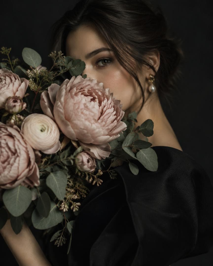 Main Prompt:Create an artistic fashion portrait with the subject's face partially concealed behind large elegant flowers, sophisticated black outfit, dark studio background, 4:5 vertical framing, soft dramatic lighting, editorial floral photography, muted sophisticated colors, realistic botanical textures, cinematic depth of field.Negative Prompt:excessive flowers, fantasy cartoon style, distorted anatomy, textDetails that make it work:Style: editorial floral…