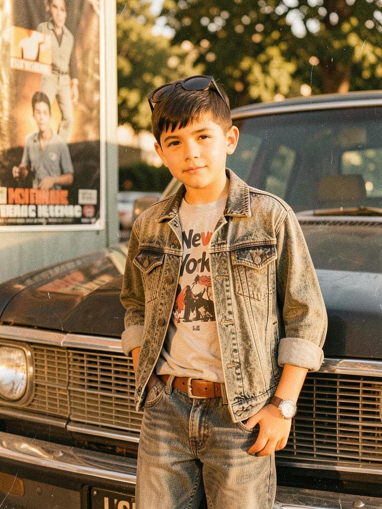 A children with short dark hair, and sunglasses resting on his head leans casually against the hood of a vintage dark sedan, looking directly into the camera. He wears a heavily acid-washed denim jacket and matching jeans over a graphic “New York” T-shirt, with rolled sleeves, a leather belt, and a wristwatch adding tactile detail. Warm late-afternoon sunlight enters from the upper left, producing amber highlights across his face, distressed fabric, and chrome grille while soft shadows preserve facial detail. The composition is a vertical environmental portrait, placing the subject in the center-right foreground, an aged MTV Music Television poster on the left, and softly blurred leafy urban surroundings behind him, unified by faded film grain, scratches, and sepia patina. * **Style:** Vintage…