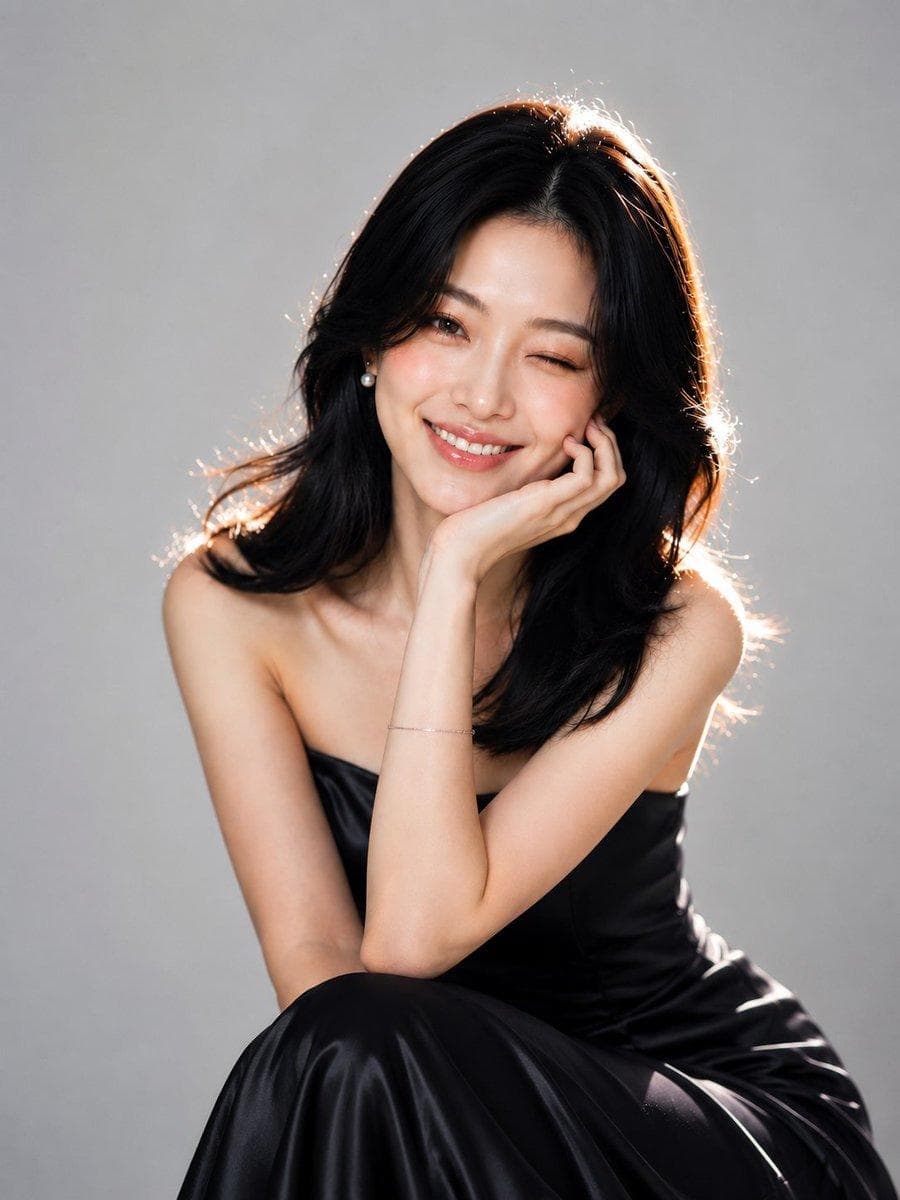 Ultra-realistic high-end studio beauty portrait of a beautiful young East Asian woman with shoulder-length silky black hair styled in soft layers, wearing elegant pearl stud earrings, a delicate silver bracelet, and a luxurious strapless midnight navy satin gown with a subtle sheen. She is seated in a relaxed pose, leaning slightly forward with one elbow resting on her knee, her chin gently supported by her hand. She smiles warmly at the camera with one eye playfully winking, creating a natural, charming, and approachable expression. Her skin is flawless, luminous, and porcelain-smooth with a soft natural glow, light peach blush, subtle champagne highlighter, softly defined brows, warm brown eyes, long curled eyelashes, and glossy rosy-pink lips. Gentle dimples become visible as she smiles. The portrait is captured against a seamless pastel sky-blue studio background with strong separation from the subject. Bright soft key lighting is placed slightly to the front, while a warm rim light from behind creates a glowing halo around her hair and shoulders, emphasizing depth and elegance. The satin fabric reflects soft highlights with realistic folds and texture. The composition…