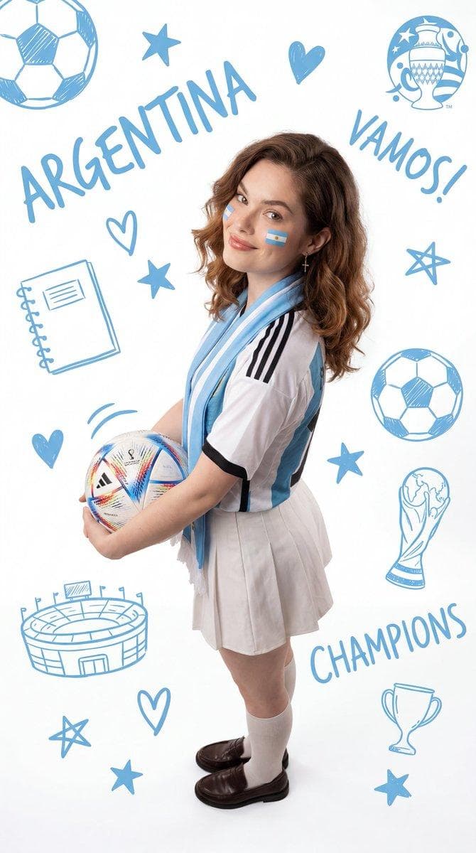 Ultra-realistic full-body photograph of a young woman with facial features matching the reference image, captured from a high-angle viewpoint in a 3/4 left perspective. Her body and face are oriented toward the left while she gently looks back at the camera with a warm, natural expression. The pose is elegant, relaxed, and dynamic, holding an official FIFA World Cup 2026 soccer ball at waist height with both hands. She has hair matching the reference image, styled with a side part and soft strands framing her face. Her eyes match the reference image, with naturally defined eyelashes, subtle professional makeup, realistic skin texture, and a faint friendly smile. She wears small Argentine flag stickers on both cheeks and delicate cross-shaped earrings. Her outfit consists of the official Argentina national football team jersey with 3 stars, a light blue and white scarf wrapped around her neck, a short white pleated skirt, white knee-high socks, and dark brown loafers. Every fabric displays realistic textures, folds, stitching, and physically accurate materials. The background is a pure white studio backdrop designed in a stylish scrapbook-inspired composition, featuring hand-drawn sky-blue doodles such as soccer balls, stars, hearts, a spiral notebook, a perspective view of a football stadium, a trophy, and an emblem inspired by an international tournament. Large handwritten words including “ARGENTINA”, “VAMOS!”, and “CHAMPIONS” are evenly distributed around the subject as artistic graphic elements. The camera uses a professional high-angle composition, maintaining accurate human proportions while creating depth and visual interest without distortion. The vertical 9:16 framing keeps the woman centered while leaving balanced negative space for the surrounding graphic illustrations. Style: ultra-realistic professional photography, editorial sports fashion shoot, luxury magazine aesthetic, authentic…