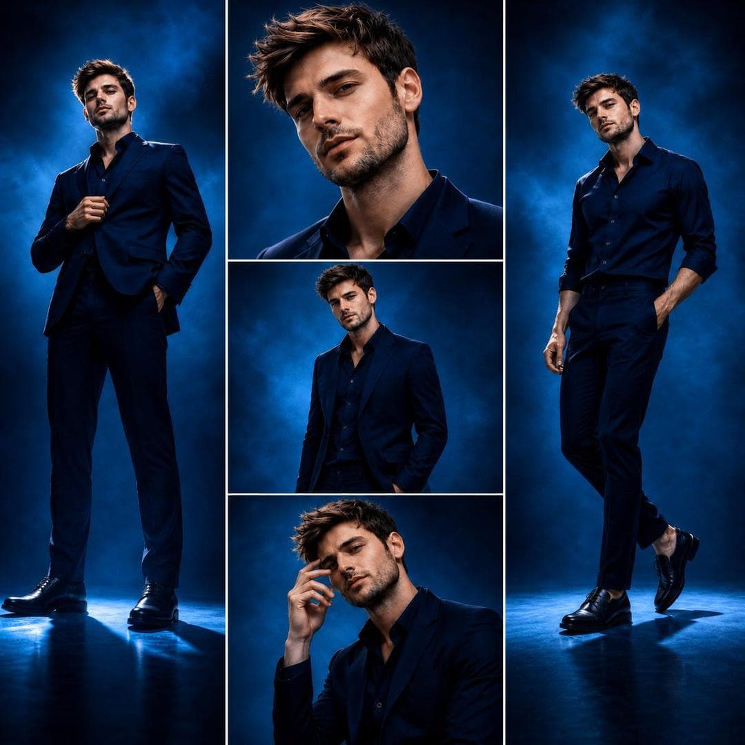 Aspect ratio 1:1. Luxury fashion editorial, three-panel composite layout on cool-grey studio background. CENTER PANEL (3-FRAME COLLAGE + ULTRA-THIN BORDERS) Single vertical panel split into exactly 3 stacked frames (top/middle/bottom) with ultra-thin silver/white divider lines. Same character in all frames (identity consistent), wearing all-black outfit: blazer, shirt, slim trousers. Top: close-up portrait, sharp eye contact, soft luxury lighting Middle: half-body confident standing pose, blazer visible Bottom: dynamic stylish pose, different angle and hand placement Clean Vogue-style editorial collage, premium spacing, soft studio lighting, high realism. LEFT PANEL (BLAZER POWER POSE) Full-body cinematic shot. All-black blazer suit. Power stance, one hand in pocket, other adjusting lapel. Low-angle, strong runway energy. Confident luxury campaign expression, rim light + soft haze…