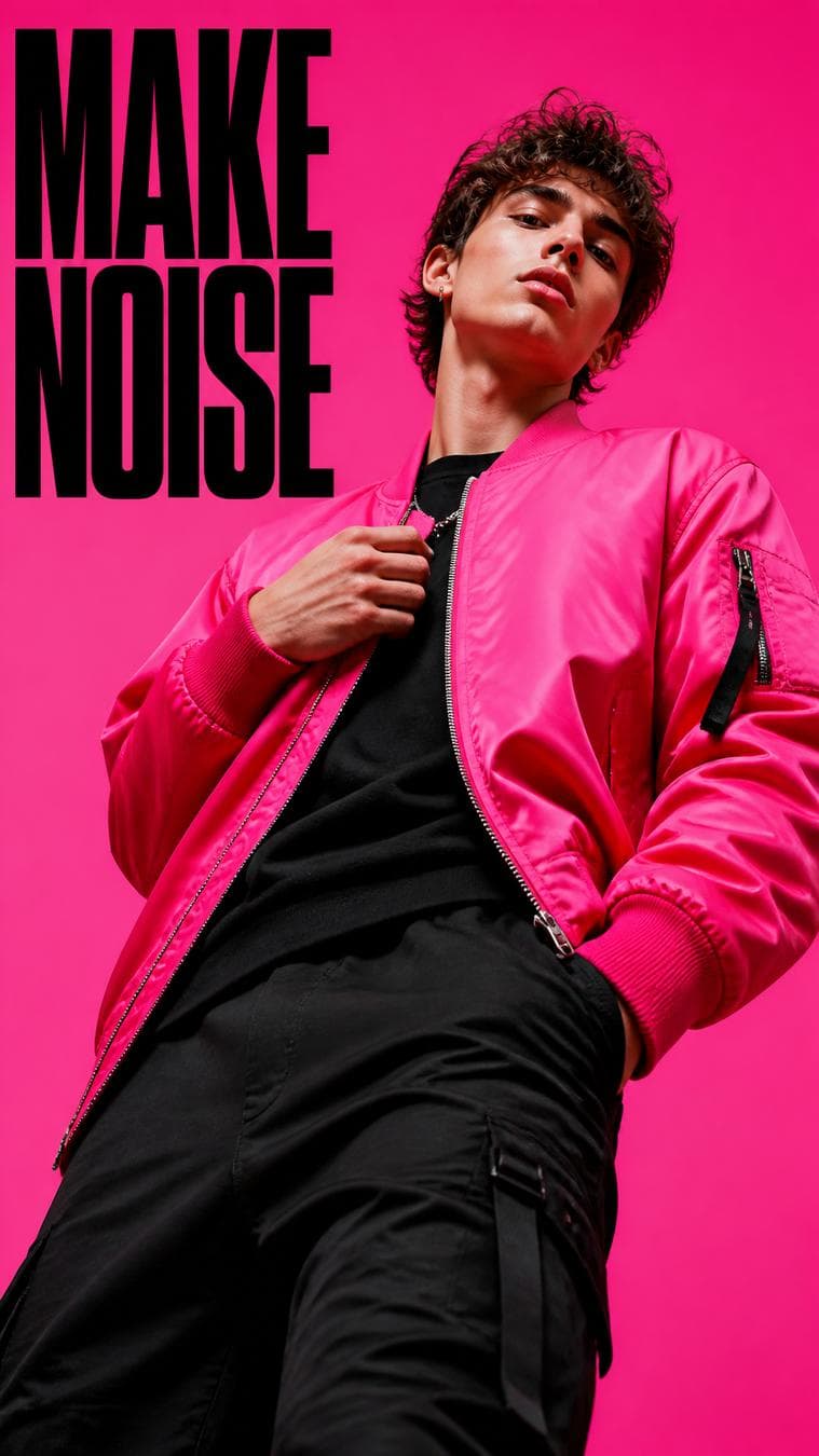 Premium fashion campaign. Main Subject: Young male model wearing a vivid hot-pink bomber jacket over black clothing. Pose: One hand adjusting the zipper while slightly leaning forward. Camera: Extreme low-angle…