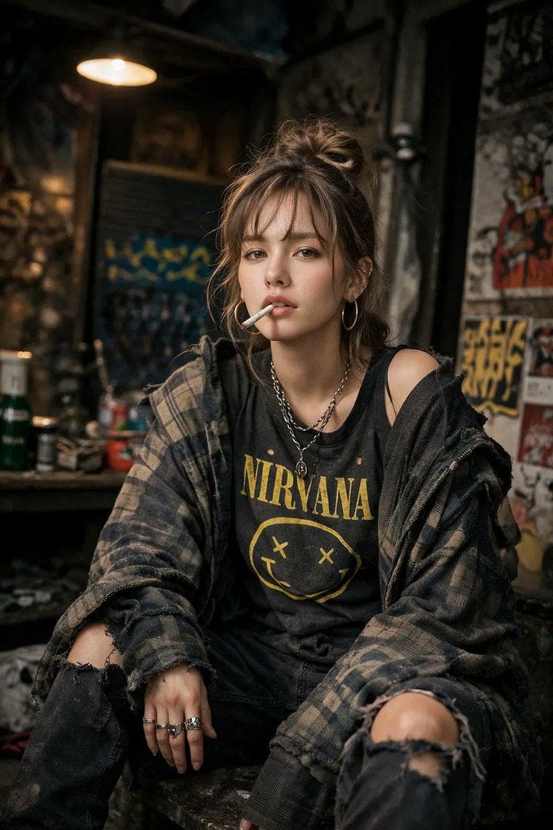 A high-detail photograph of a defiant woman posing nonchalantly. She has a messy aesthetic, wearing oversized grunge clothing. The background is a cluttered, dimly lit urban environment. Technical details: 85mm focal length…