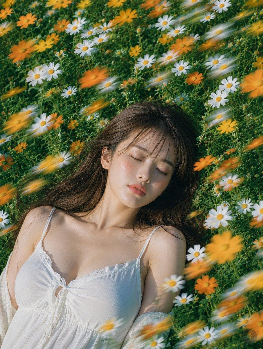 主題: 花風のまどろみ 主体: 縦長4:5の写真風ポートレート。白と黄色のマーガレット、オレンジ色の小花が密に咲く夏の草花畑に、成熟した大人の女性が仰向けで静かに横たわっている。人物は画面下部から中央にかけて大きく入り、顔は中央やや右、胸元から肩までは画面下側に収まる。周囲の花が画面全体を埋め、対角線方向に流れる花のモーションブラーが前景を横切る。 人物・表情: 自然で現実感のある日系ポートレート。暗めのブラウンロングヘアに、薄い前髪と顔まわりのやわらかな毛束。目を閉じ、眉は力が抜け、唇は軽く閉じた穏やかな表情。頬と鼻先に自然な血色、肌には過度な補正をせず細かな質感を残す。首筋、鎖骨、頬に夏の日差しが当たり、静かに眠っているような落ち着いた雰囲気。 服装・ポーズ: 白い夏用キャミソールワンピース。細い肩紐、胸元の控えめなレース、中央の小さなリボン、薄手のコットン素材。人物の両肩は草花に自然に沈み、片腕は画面下側で花に隠れて見切れる。体は画面左下から右上へ少し斜めに置かれ、髪は草の上に広がり、風で数本だけ額にかかる。 背景・光: 郊外にある小さな花畑のような、生活感のある自然な草花の密度。背景はすべて緑の葉と白・黄色・オレンジの花で構成し、人工物や読める文字は入れない。高めの位置から差す夏の太陽光。光はやや硬めで暖かく、顔の左側と首筋、肩に明るいハイライトが入り、花と髪の影が肌に細く落ちる。草の反射で下側に淡い緑の返り光。 構図・カメラ:…