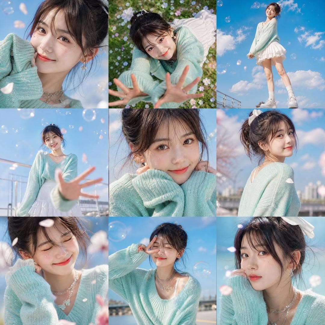 A vibrant 3×3 grid photo collage containing nine unique and expressive poses based on the uploaded female facial photos. The scene captures a beautiful summer day with a bright blue sky, fluffy clouds, and warm sunlight producing crisp natural shadows. Soft bokeh, sparkling highlights, soap bubbles reflecting sunlight, and floating flower petals create a dreamy atmosphere. The character wears an oversized pastel sweater, a fashionable skirt, layered silver necklaces, and cute accessories. A light breeze adds natural movement to the hair and clothing. Images switch freely between 35mm wide-angle full-body shots and 85mm close-up beauty portraits, featuring playful camera interactions, cheek poses, over-the-shoulder glances, peace signs, and candid smiling expressions…