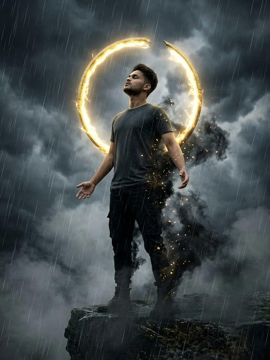Create an ultra-realistic 8K cinematic portrait using the uploaded reference image with 100% same face and identity. The young man stands on the edge of a cliff during heavy rain, head tilted upward with eyes closed and arms slightly open. He wears a dark grey t-shirt, black cargo pants, and boots. His body dissolves into thick black smoke and glowing golden particles from the legs upward. Behind him floats a giant…