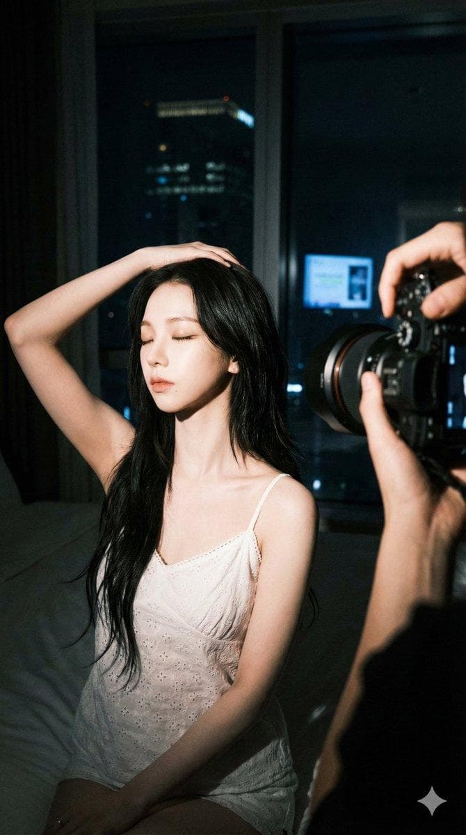 Behind-the-scenes indoor photography at night, high-contrast. The subject is Karina from aespa, featuring her signature sharp V-shaped jawline, large almond-shaped eyes with soft makeup, and porcelain skin. She has long, voluminous dark hair in a layered 'wolf-cut' style. Karina is sitting, tilted slightly toward the camera with her eyes closed, her right arm raised with her hand resting on her head, highlighting her visible collarbones. She wears a soft white eyelet embroidery camisole with a small bow tie at the chest and black bottoms. To the right, a professional…