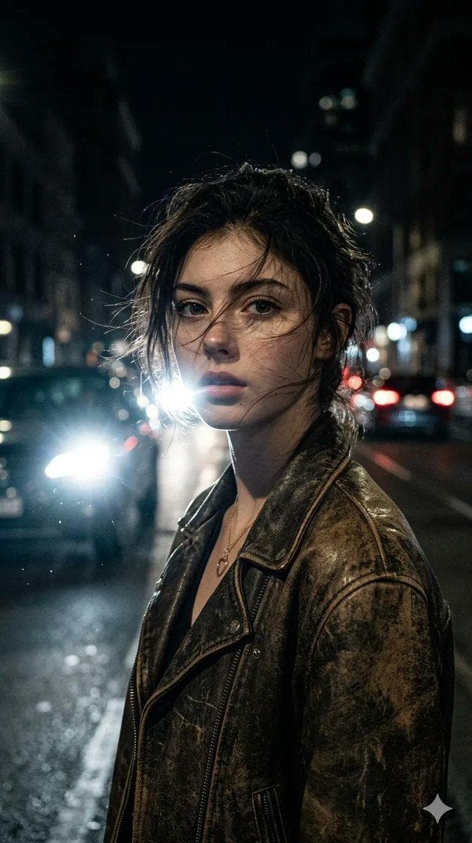 Ultra-realistic portrait of a woman (from uploaded image), messy hair slightly windswept, wearing a worn leather jacket. Bright white car light sweeping across the face from one side to the other, freezing a moment of…