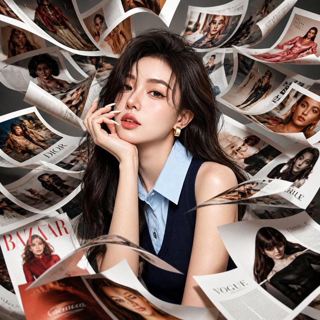 Fashion editorial where hundreds of luxury magazine pages appear frozen mid-air around a Korean female model. Pages curl, twist, and flow through the composition creating movement and depth. Vibrant fashion colors, premium editorial styling…