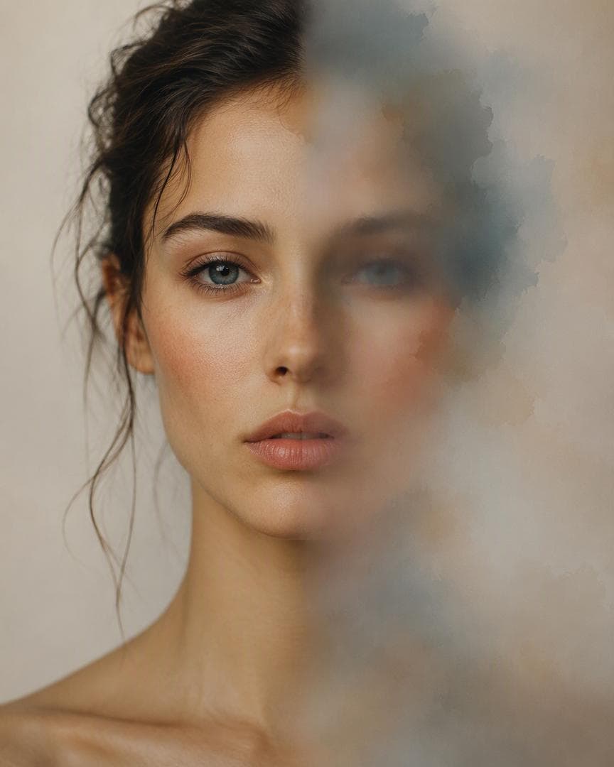 Create an experimental 4:5 portrait where a single woman's face appears both sharp and blurred — one half perfectly detailed and recognizable, the other half dissolving into soft watercolour-like blur, creating a dreamlike reflection effect. The two halves meet at the…