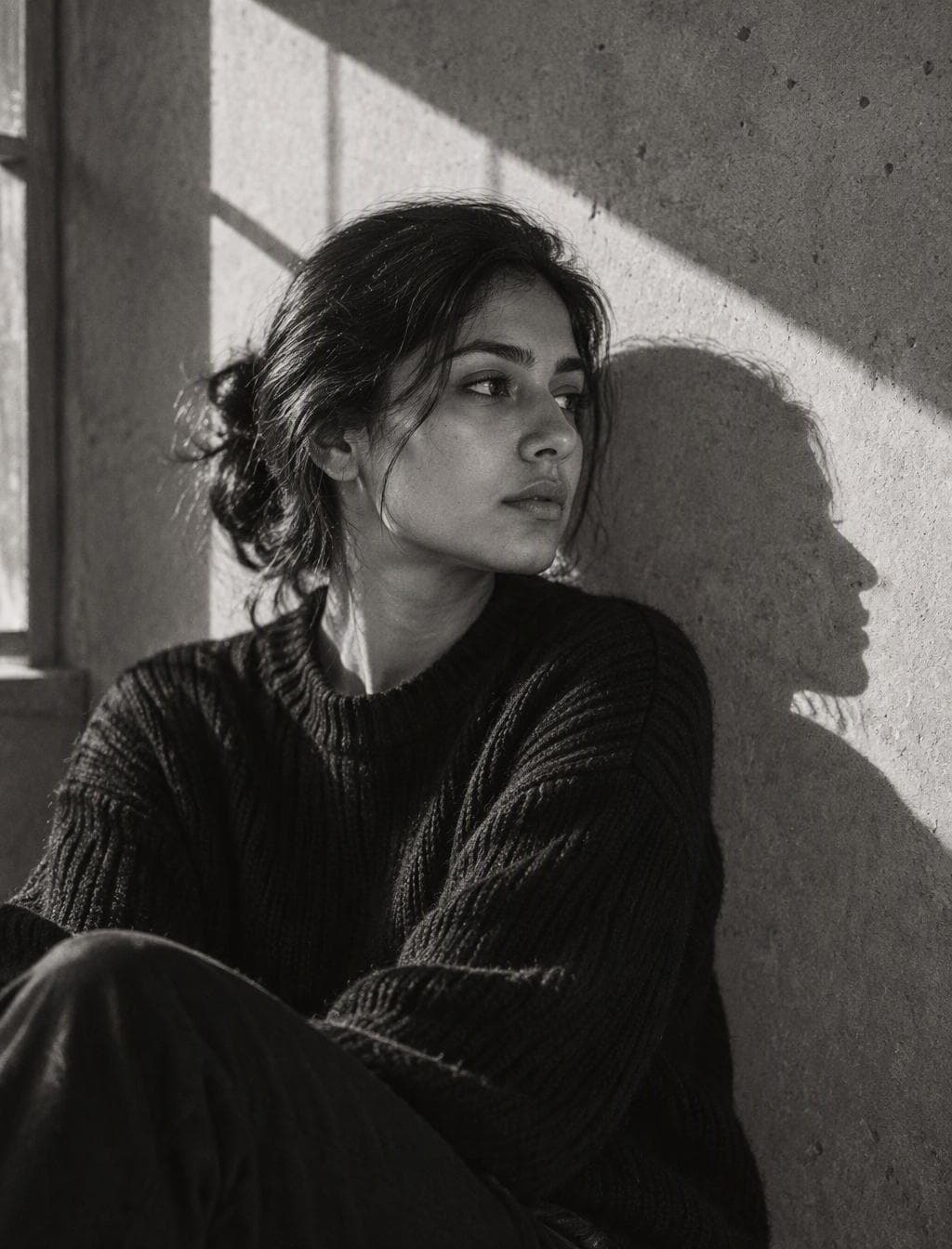Maintain the exact facial structure, bone features, skin tone, eye shape, and identity of the person from the uploaded reference photo without alteration. An intimate fine-art black-and-white portrait of the subject seated next to a textured concrete wall indoors. A sharp, diagonal beam of natural sunlight slices through a nearby window, casting hard geometric light and a clear, defined shadow of the subject's profile onto the wall behind them. The subject wears a heavy black textured ribbed knit sweater, seated in three-quarter profile…