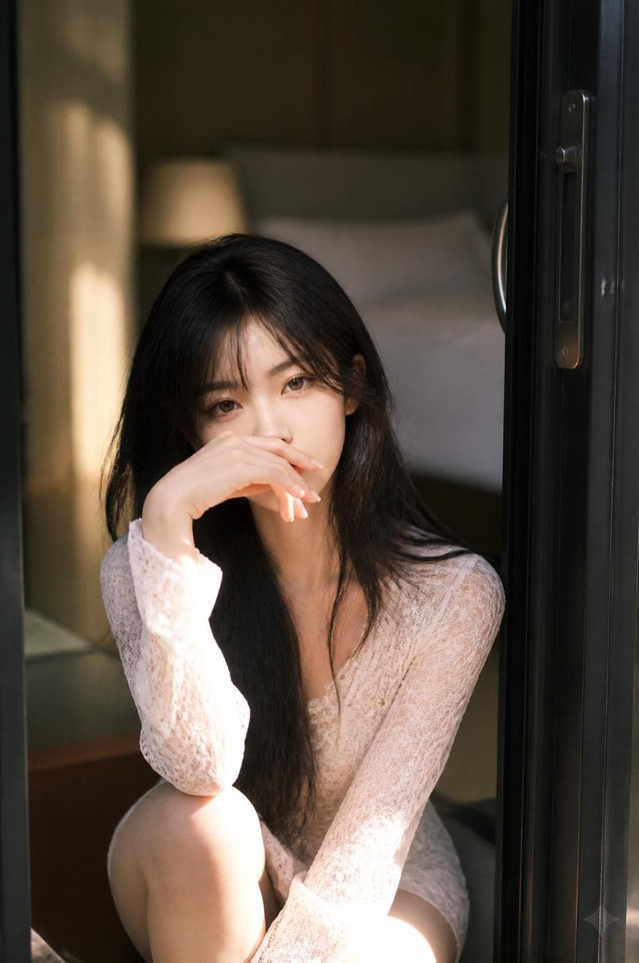 A beautiful Asian woman with long, flowing dark hair sits gracefully in the threshold of an open glass doorway, her hand partially shielding her face in a candid, introspective pose. She wears a delicate, white lace top with intricate floral patterns that catch the soft, diffused natural light. The composition utilizes the dark, silhouetted frame of the door to create a natural vignette, contrasting the bright, warm skin tones of the subject against the blurred, clean interior of a bedroom suite. The lighting is ethereal and golden, emphasizing subsurface scattering on her skin and the intricate texture of the lace, while a shallow depth of field keeps the focus strictly on the subject, rendering the background into a creamy, indistinct bokeh.Style…