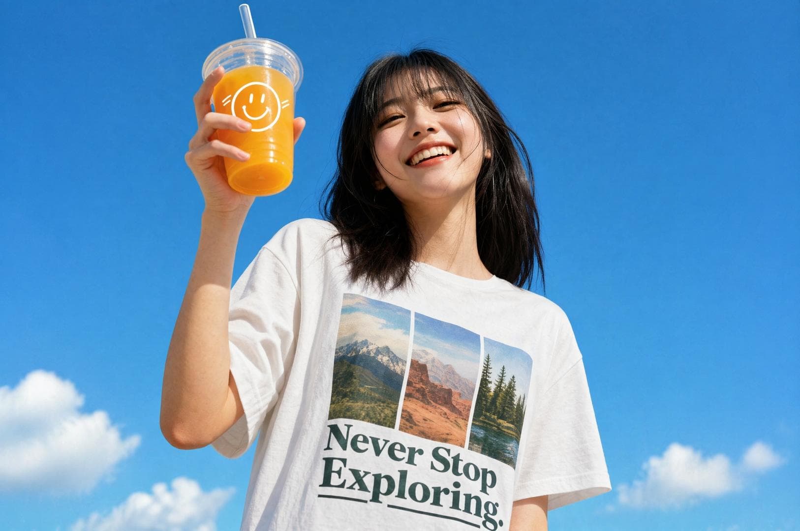 A medium low-angle shot of a joyful young woman with dark hair and straight bangs, smiling brightly against a vibrant, clear blue sky. She wears a white graphic t-shirt…