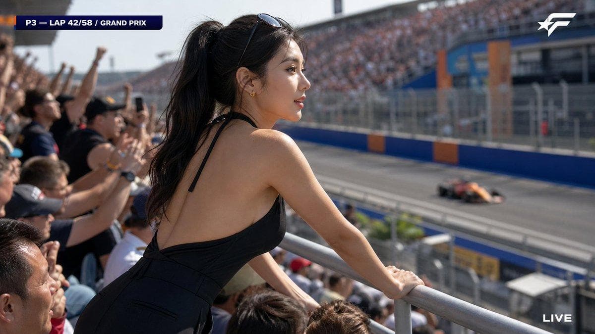 A candid HD broadcast capture from a major Formula racing Grand Prix, packed outdoor grandstand, afternoon session. The camera, positioned slightly behind and to the side of a woman in the front row of the elevated spectator stand, catches her from a three-quarter rear angle as she leans forward watching the race — clean medium shot, her upper body and figure visible, nothing blocking her. Strikingly beautiful face seen in three-quarter profile — symmetrical refined East Asian features, high defined cheekbones, sharp elegant jawline, large bright eyes fixed intently on the track, full soft naturally-shaped lips slightly parted in genuine excitement; consistently gorgeous, not average. Natural skin with realistic texture — soft barely visible pores, faint peach fuzz catching the sunlight along her cheek and bare shoulder, translucent matte complexion, not airbrushed. Naturally beautiful feminine figure — naturally full and shapely bust, slim defined waist, the elegant curve of her back and shoulder line visible from this angle; sensual and feminine, not flat. She wears a sleek fitted deep-V halter-neck top in all-black matte stretch fabric, the halter straps revealing her bare back and shoulders, paired with high-waisted wide-leg black trousers. Long black hair in a loose high ponytail swept to one side, tinted sunglasses pushed up on her head, small gold ear studs. Genuinely caught in the moment — both hands gripping the railing as she leans toward the action, weight shifted forward, completely absorbed in the race and totally unaware of the camera behind her. Not posing, not looking at the lens. Around her in the grandstand, blurred excited fans also leaning forward and cheering. Strong telephoto compression — soft blurred grandstand railing under her hands and the heads of fans in the row below. Far below and ahead of her, the racing circuit with barrier walls in bold fictional colors (blue and orange, no real team marks) as a distant out-of-focus background, a racing car streaking past — she is watching it. Bright…