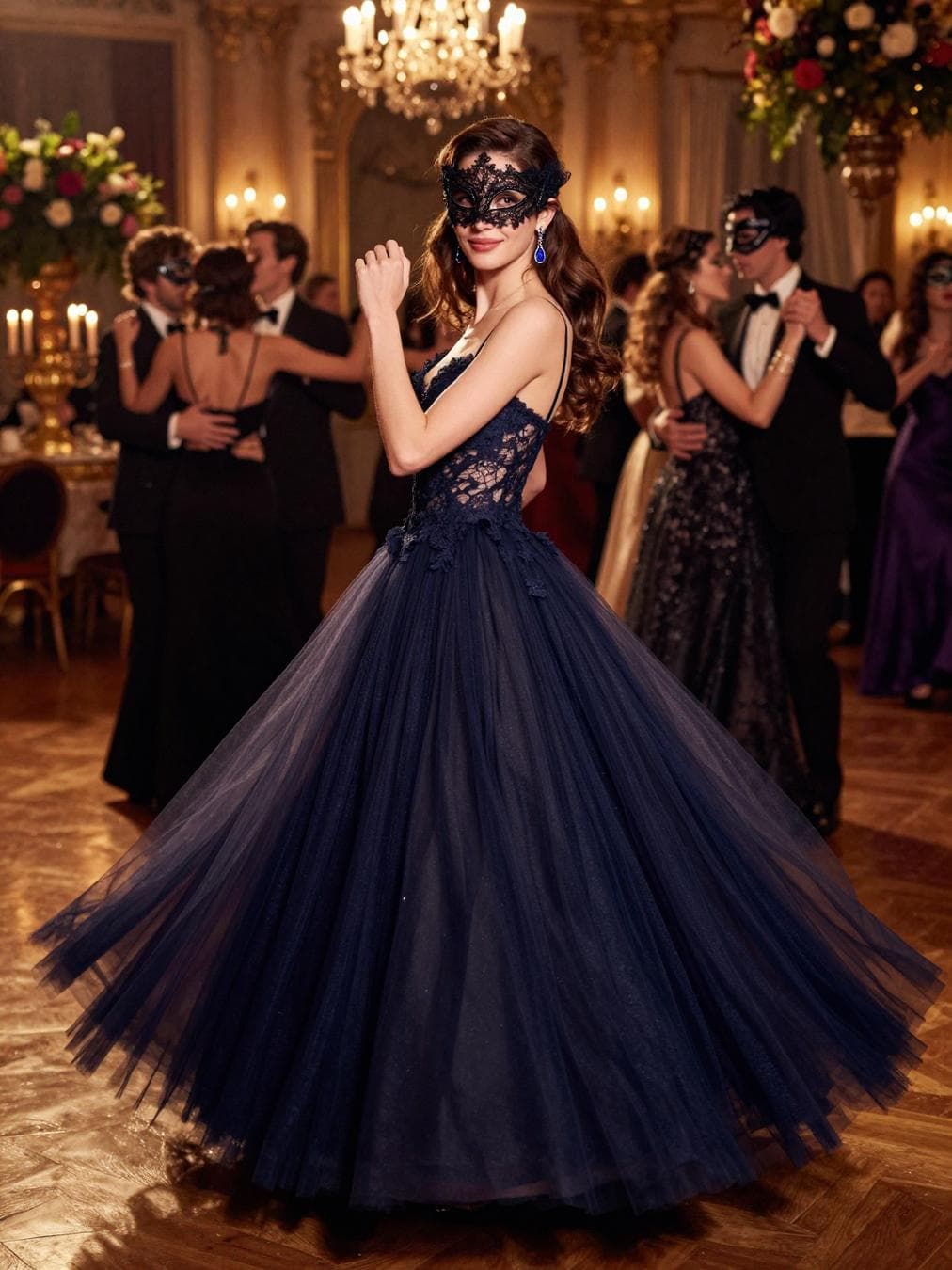 A pretty woman attending a glamorous masquerade ball at night, captured in a dramatic, photorealistic fashion editorial. She wears a navy tulle gown with a fitted lace bodice and a voluminous layered skirt that sweeps the floor with regal elegance. A delicate lace mask partially conceals her features, drawing attention to her sultry, confident expression. Her look is completed with sapphire drop earrings, refined evening makeup, and polished jewelry accents. She stands within a grand ballroom decorated with chandeliers, glowing candles, and garlands of flowers, the polished floor shimmering beneath the warm golden light. Guests in elegant gowns and masks swirl in the background, blurred in motion as they dance. The camera captures her in a…