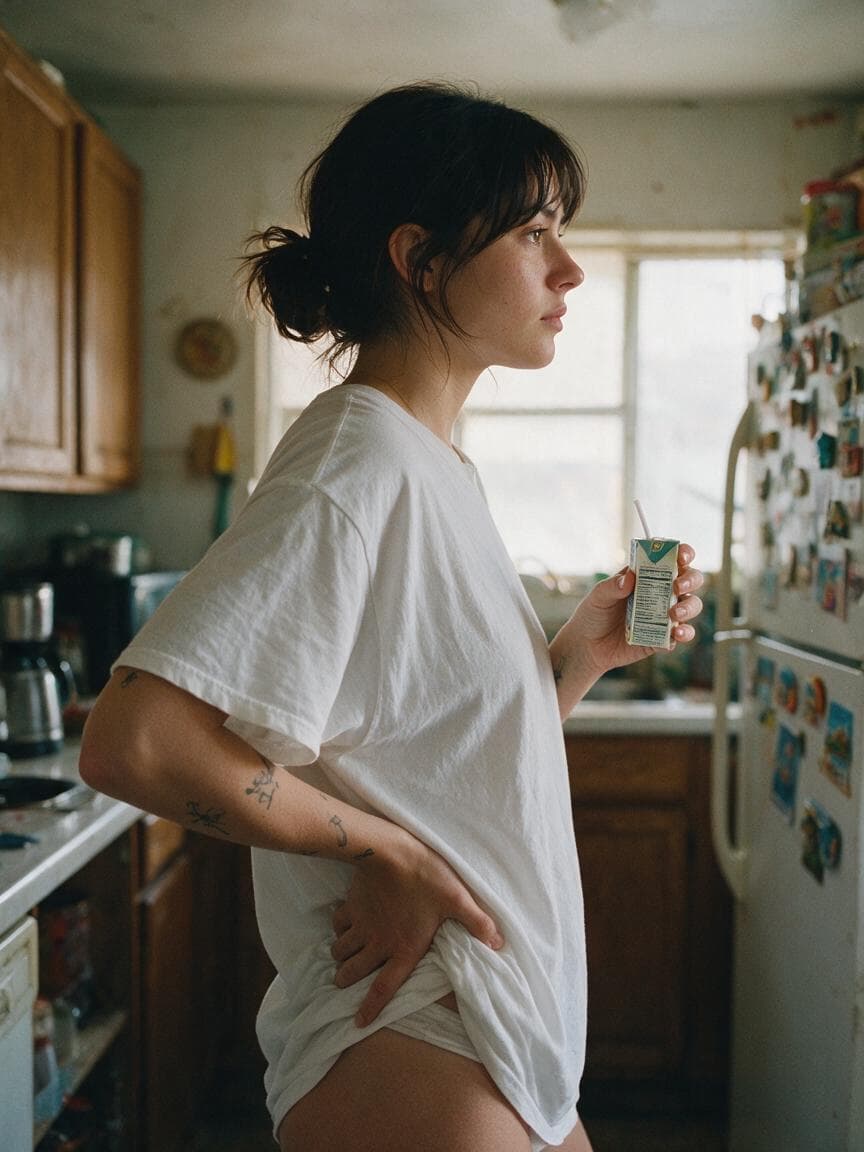 { "type": "image_generation_prompt", "style": "photorealistic, lifestyle photography", "sexualization": "none", "description": { "subject": "A young woman standing casually in a home kitchen, seen in side profile", "pose": "Relaxed posture, one hand resting on her hip while the other holds a small drink carton with a straw", "expression": "Neutral, thoughtful, slightly distant gaze looking forward", "appearance": { "hair": "Dark hair tied in a loose low bun with natural strands framing the face", "clothing": "Oversized white t-shirt worn casually, simple underwear partially visible due to the relaxed fit of the shirt", "tattoos": "Small, minimal black-ink tattoos on the forearm, subtle and understated" } }, "environment": { "location": "A modest, lived-in home kitchen", "details": "Wooden cabinets, countertop appliances, a refrigerator covered with colorful magnets and souvenirs", "lighting": "Soft natural daylight coming from a window, warm and slightly muted", "atmosphere": "Quiet, everyday domestic moment" }, "camera": { "angle": "Side profile view", "framing": "Medium shot capturing the subject from mid-thigh to head", "lens": "35mm lifestyle lens"…