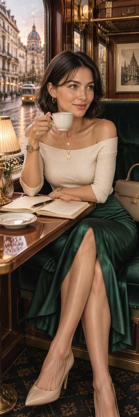 4:5...Create a beautiful young European woman with fair skin, expressive green eyes, and a softly textured short dark brown bob haircut with wispy bangs.She has the effortless beauty and confidence of a contemporary European actress, with refined facial features, natural elegance, and a warm, authentic smile.She is wearing a sophisticated 2026 luxury European fashion look: a fitted ivory off-shoulder knit top paired with a high-waisted emerald satin midi skirt featuring a tasteful side slit. The outfit is complemented by delicate gold jewelry, layered necklaces, elegant hoop earrings, a slim luxury wristwatch, and pointed nude heels. A structured premium designer handbag rests beside her. Her makeup is soft natural glam with luminous skin, glossy lips, subtle eyeliner, and perfectly groomed brows. The styling feels straight from Paris Fashion Week, Milan street style, or a Vogue fashion editorial—modern, luxurious, feminine, and effortlessly chic.She is seated beside the window of an elegant vintage European train café compartment, gently holding a white porcelain coffee cup with one hand while the other rests on an open vintage travel journal with a fountain pen. She gazes thoughtfully through the rain-covered window with a calm, peaceful expression as blurred European streets, old trams, glowing cafés, and historic architecture pass outside.The compartment features polished walnut wood panels, brushed brass details, emerald velvet seats, warm amber table lamps, vintage luggage racks, and subtle Art Deco design elements. Everything feels refined, timeless, and luxurious.Golden-hour sunlight filters through the rain-speckled window, creating beautiful reflections, soft cinematic highlights, realistic shadows, and natural rim lighting across her face. The atmosphere is warm, intimate, and…