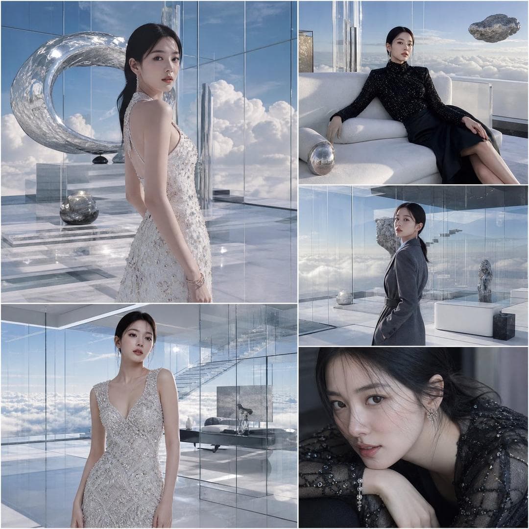 A luxury fashion collage featuring a stylish Korean female celebrity inside a fully transparent architectural mansion suspended high above the clouds. Contemporary couture, clean geometric interiors, floating luxury sculptures, dramatic editorial portraits, crystal…