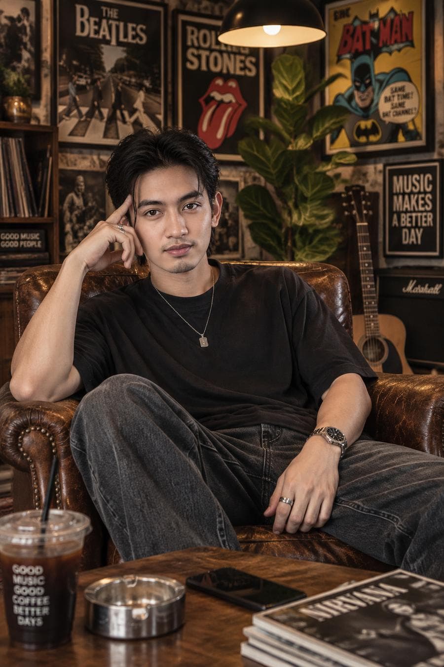 Create an ultra-realistic, high-end cinematic lifestyle portrait of a young man sitting casually in a vintage brown leather armchair inside a cozy, stylish music-themed room. Face reference: Use the uploaded reference image only for the subject’s facial identity and features. Preserve the exact face shape, eyes, nose, lips, skin tone, and natural facial proportions from the reference image. Maintain the same recognizable person throughout the generation. Do not copy the reference image’s hairstyle, clothing, pose, background, or lighting. The face should look naturally integrated into the new scene. Subject and appearance: The young man has a slim build, soft facial features, fair skin, and straight, slightly tousled black hair with a neat, natural fringe. He is wearing an oversized plain black T-shirt, loose-fit washed dark gray denim jeans, a thin silver necklace with a small pendant, multiple silver rings, and a classic silver metal wristwatch. Pose and expression: He is sitting comfortably in a vintage brown leather director-style armchair. His body is slightly reclined, with one elbow resting on the armrest and one hand gently touching the side of his face near his temple. His other hand rests naturally on his lap. His legs are relaxed and spread casually, with one knee slightly raised toward the camera. He looks directly into the camera with a calm, relaxed, slightly serious expression. His posture feels effortless and authentic, like a candid fashion photograph. Background: A cozy music-themed room with walls covered in colorful vintage posters, including classic rock music artwork, The Beatles-inspired posters, The Rolling Stones-inspired artwork, and retro comic-book posters featuring Batman. The posters are arranged in a stylish gallery-wall layout with dark wooden or black frames. A large, lush green fiddle-leaf fig plant stands beside the armchair, adding natural contrast and depth. Foreground: A warm wooden coffee table occupies the lower part of the frame. On the table are a transparent glass of iced coffee with a straw, a metal ashtray, a black smartphone, and a few stacked magazines. The foreground objects have a subtle shallow-depth-of-field blur while remaining recognizable. Lighting: A large black industrial pendant lamp hangs above the subject, with a warm glowing bulb illuminating the room. Soft, warm indoor lighting falls naturally across his face and clothing, creating gentle shadows and realistic highlights. The room has a moody, intimate evening…