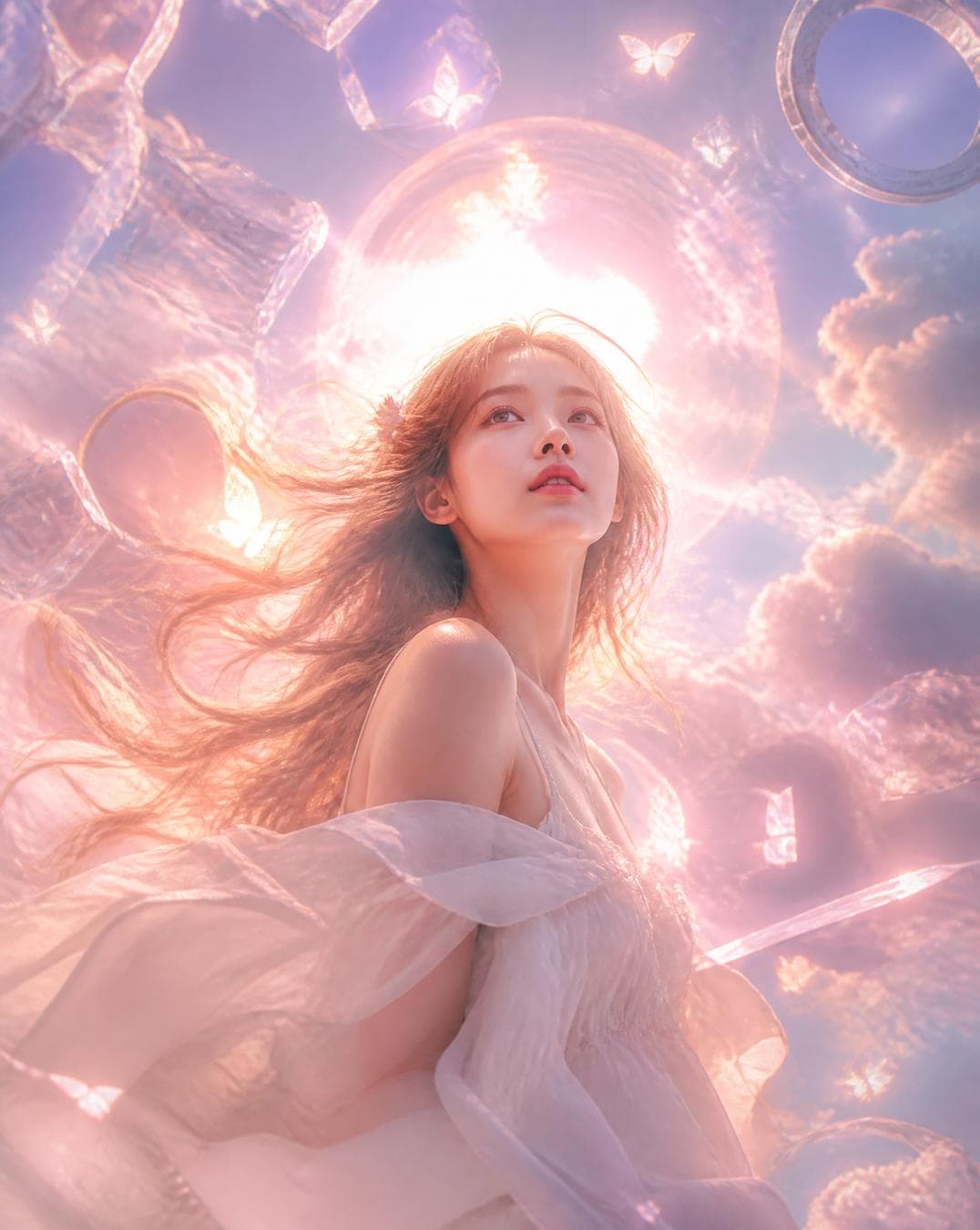 Create a surreal dreamcore cinematic poster with an ethereal, emotional, and visually hypnotic aesthetic designed for high engagement and viral AI art appeal. The composition features a single centered young subject floating or standing in an impossible dreamlike environment where reality feels soft, distorted, and emotionally charged. The subject is captured in a gentle upward camera angle, creating a sense of wonder, transcendence, and emotional elevation.The subject has soft, highly detailed facial features with smooth glowing skin texture, delicate highlights, and an emotionally peaceful expression that reflects calmness, nostalgia, and inner reflection. The eyes are slightly glossy and reflective, as if absorbing light from the surreal environment around them. Subtle emotional depth is visible through soft gaze direction and relaxed facial muscles.The hair is light, soft, and naturally flowing as if suspended in low gravity, moving gently in invisible wind currents. Individual strands are visible and illuminated by ambient glowing particles in the environment. The clothing is minimal, flowing, and fabric-light, resembling soft silk or linen material that moves fluidly as if underwater or in zero gravity, with realistic cloth simulation folds and gentle transparency in certain light areas.The environment is a surreal floating sky dimension filled with soft volumetric clouds, glowing particles, and fragmented floating geometric shapes such as glass-like cubes, rings, and broken architectural elements suspended in mid-air. The sky transitions through gradients of pastel pink, soft violet, warm gold, and pale blue, blending seamlessly like a painted dream.A large luminous celestial light source acts as the central focal point behind the subject, similar to a glowing sun or portal, creating a halo effect and strong backlighting that silhouettes the subject beautifully. Light rays spread outward through clouds in…