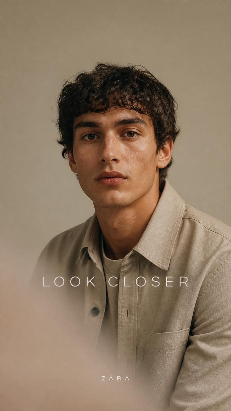 Luxury editorial portrait. Main Subject: Young male model wearing a muted desert-beige overshirt. Creative Direction: A faint soft-focus foreground edge gently crosses the lower corner, adding depth like premium fashion photography. Pose: Calm direct eye contact. Camera…