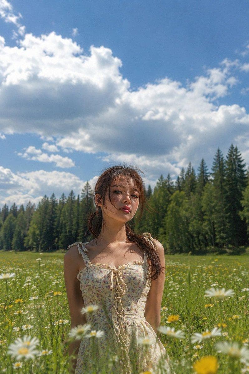 Ultra-photorealistic outdoor fashion portrait of the same young Asian woman from the reference image, preserving her exact facial identity, soft facial structure, natural skin texture, dark brown eyes, subtle pink lips, and dark brown hair tied in a loose low ponytail with wispy strands blowing naturally across her face. She is seated gracefully in a vast wildflower meadow, leaning back on one arm with her legs softly folded to one side, looking away toward the horizon with a calm, dreamy expression. The pose feels candid rather than posed, as if captured during a real editorial photoshoot. She wears the same cream-colored floral sundress featuring tiny pastel flowers, thin shoulder straps tied into bows, a sweetheart neckline with delicate ruffle trim, lace-up corset front, fitted bodice, and lightweight flowing fabric. Environment: endless field filled with white daisies and vibrant yellow wildflowers stretching into the distance, lush green grass, dense forest tree line in the background, rolling hills, bright blue summer sky with large fluffy cumulus clouds, crystal-clear atmosphere, fresh countryside landscape. Lighting: authentic golden summer daylight, natural directional sunlight from camera-left, soft shadows, realistic skin highlights, subtle backlight on hair, physically accurate global illumination, balanced exposure, no HDR overprocessing. Camera: full-frame Sony A7R V, 85mm f/1.8 portrait lens, eye-level angle with a slight side perspective, medium-full body composition, shallow depth of field, creamy cinematic bokeh, foreground flowers softly blurred, subject tack sharp with precise eye focus. Style: luxury outdoor editorial…