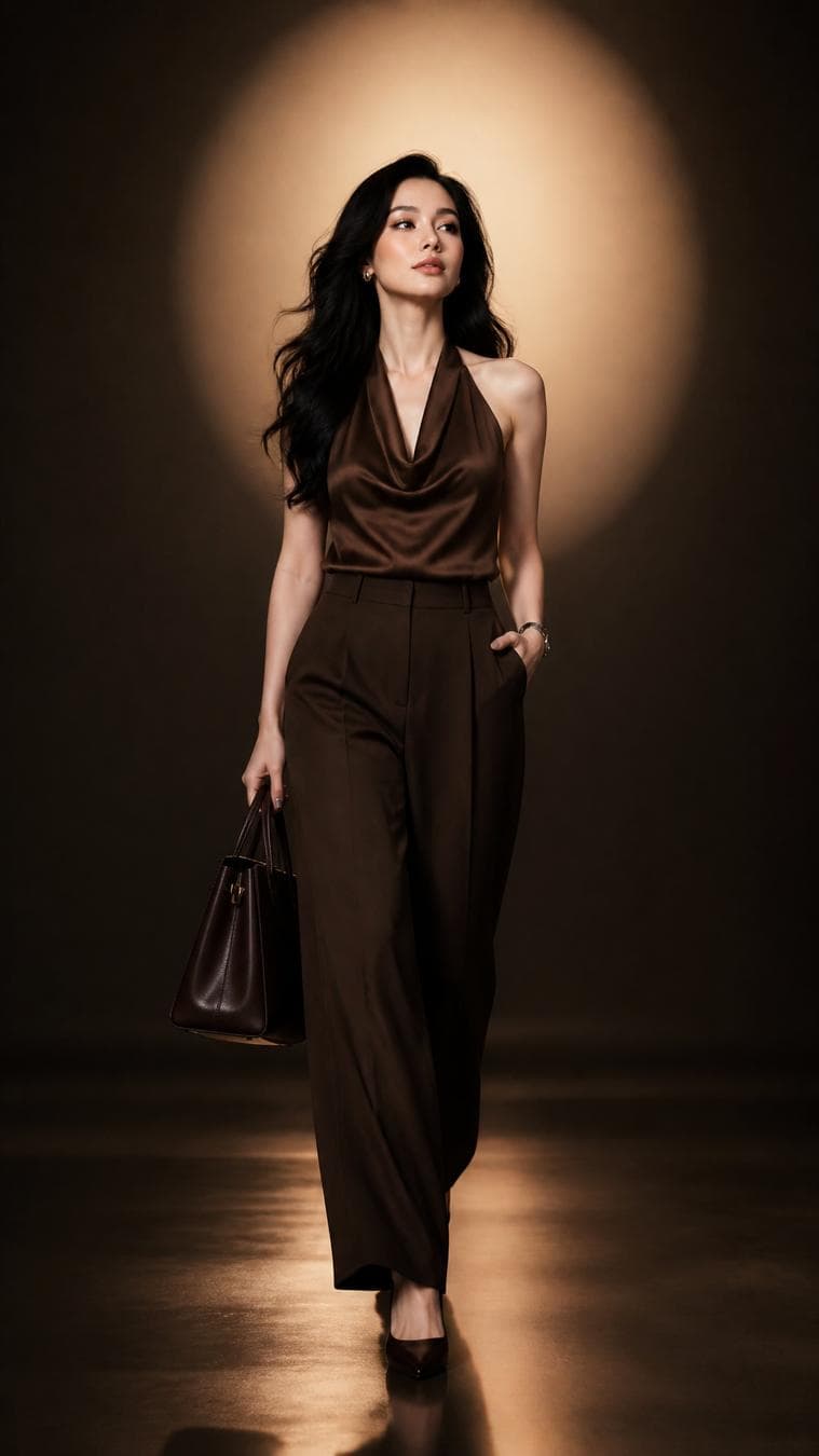 Ultra-photorealistic luxury fashion editorial, premium studio campaign, a beautiful young Korean woman with flawless porcelain skin, delicate facial features, naturally glossy lips, expressive almond-shaped eyes, and long voluminous soft-wave dark hair. She wears an elegant deep mocha-brown satin halter-neck draped blouse with luxurious fluid silk texture, paired with impeccably tailored high-waisted wide-leg chocolate trousers, pointed dark-brown leather stilettos, a minimalist luxury wristwatch, delicate gold earrings, and carries a structured premium dark leather handbag. She is captured in a powerful full-body confident runway walk directly toward the camera. One hand is casually inside the trouser pocket while the other naturally holds the handbag. Long graceful stride, straight posture, relaxed shoulders, elongated neck, confident fashion-model body language, subtle editorial expression, calm luxury attitude, eyes looking slightly upward and away from the camera, cinematic elegance. Shot inside a minimalist premium mocha luxury photography studio with a seamless matte brown infinity backdrop, polished reflective floor, subtle atmospheric haze, and a perfectly centered warm circular spotlight glow behind the model creating a luxurious halo effect. The environment is clean, uncluttered, and highly realistic with no props except the handbag. Lighting: large overhead octabox as key light, soft front beauty fill, warm golden backlight creating a subtle halo around the hair, gentle rim lighting defining the silhouette, realistic soft shadows, premium commercial studio lighting, luxury perfume campaign aesthetic. Color grading: rich mocha brown…