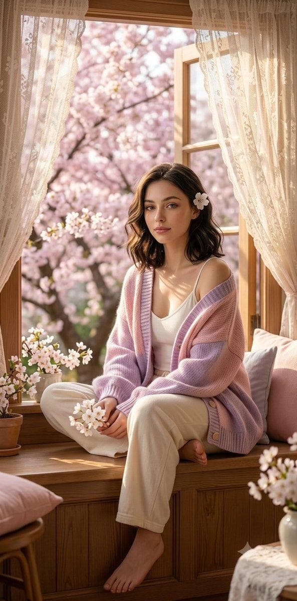 Ultra-realistic spring morning portrait of a beautiful young woman sitting barefoot on a wooden window seat beside a large open window, holding a small white blossom in her hand. Soft wavy black shoulder-length hair with a delicate flower tucked behind her ear, natural glass-like skin texture, subtle makeup, realistic facial proportions, gentle dreamy expression, oversized pastel pink-and-lilac knitted cardigan draped over a white camisole and loose cream lounge pants. Outside the window, lush cherry blossom trees in full bloom create a dreamy pink bokeh background. Warm golden sunlight streams through sheer lace curtains, casting soft natural shadows and highlights across the room. Cozy cottage-inspired interior with wooden details, small potted flowers, pastel cushions, peaceful spring atmosphere. Photorealistic, cinematic lifestyle photography, shallow depth of field, soft focus background, HDR lighting, highly detailed skin and hair strands, authentic fabric textures, natural color grading, magazine editorial quality, 85mm lens, f/1.8, 8K resolution…